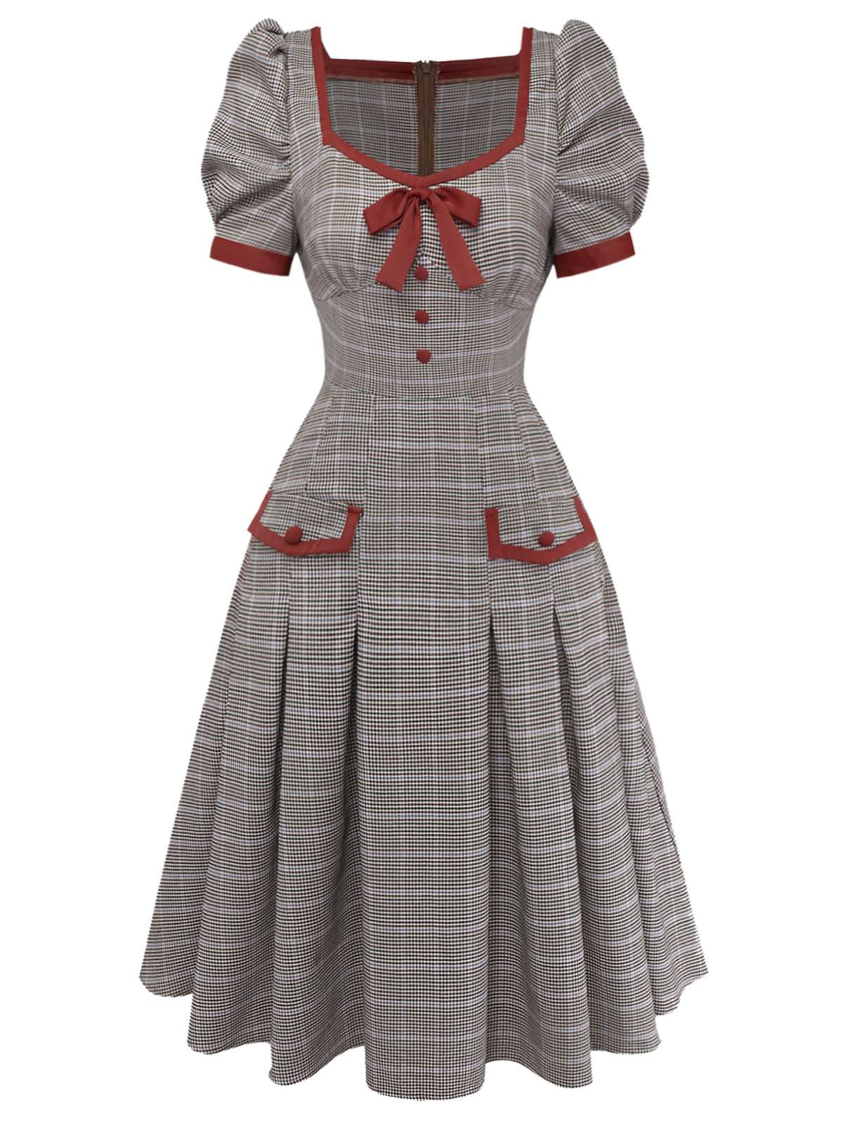 Robe marron nœud et motif pied-de-poule années 1950 - Image 7