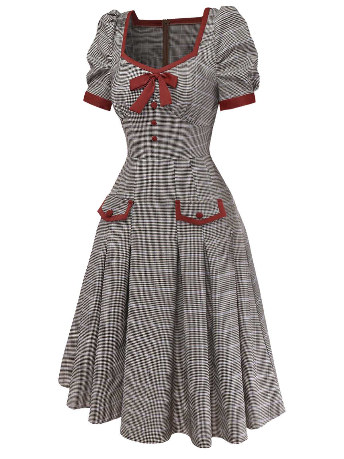 Robe marron nœud et motif pied-de-poule années 1950 - Image 8