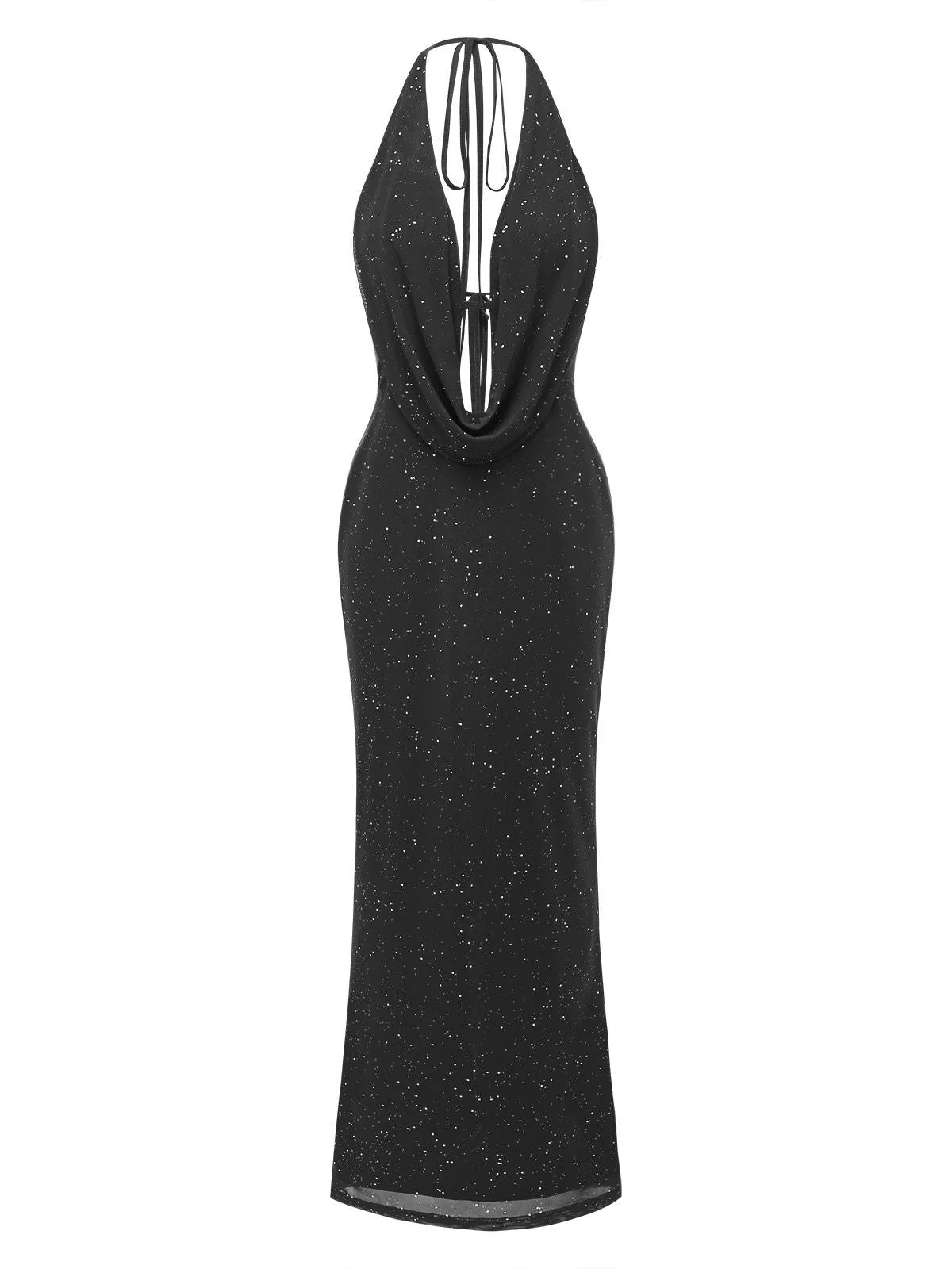 Robe maxi fendue licou pailletée dos nu col cowl 1980s - Image 7