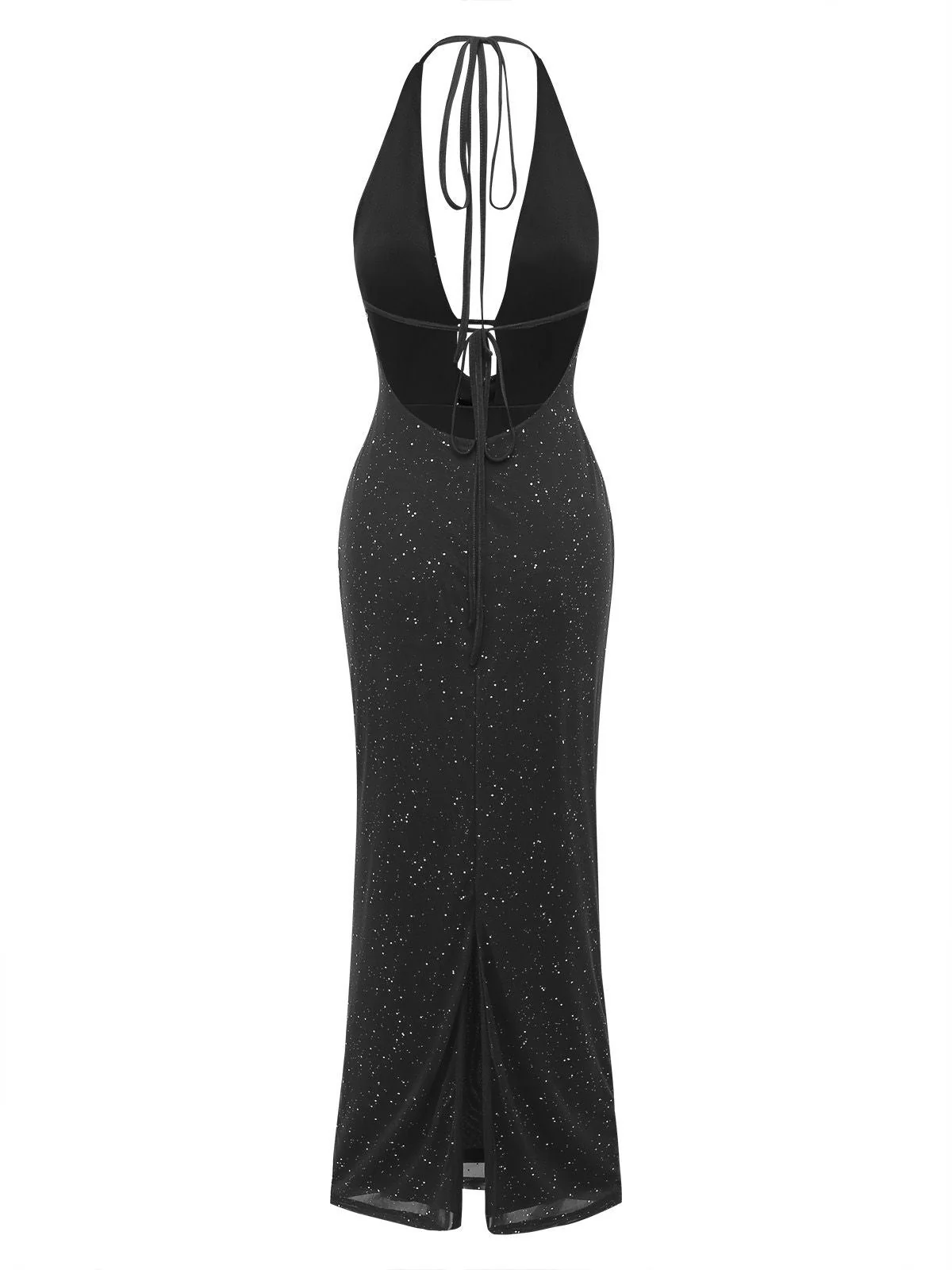 Robe maxi fendue licou pailletée dos nu col cowl 1980s - Image 8