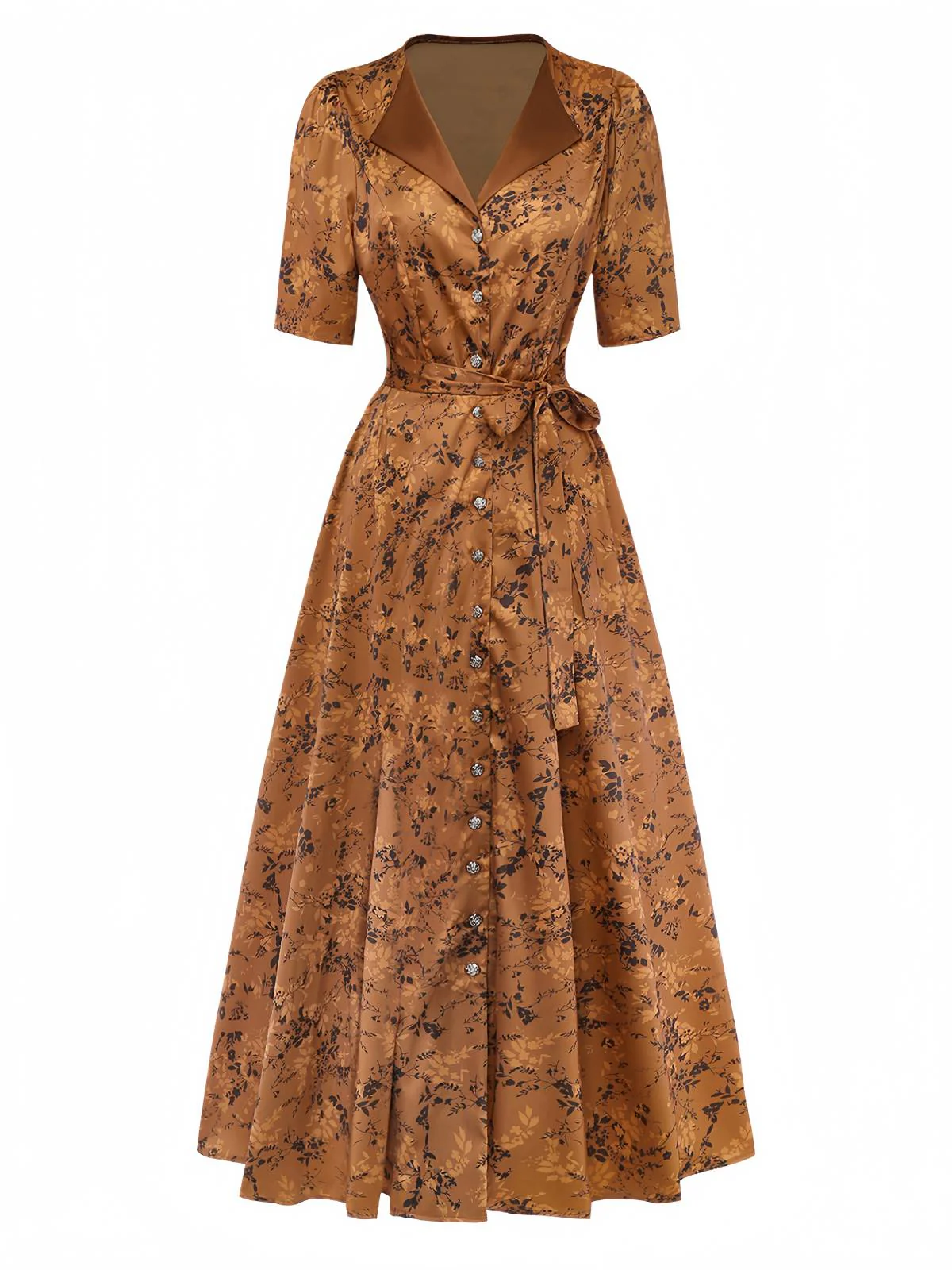 Robe Maxi Marron Motifs Floraux Discrets Années 1930 - Image 2