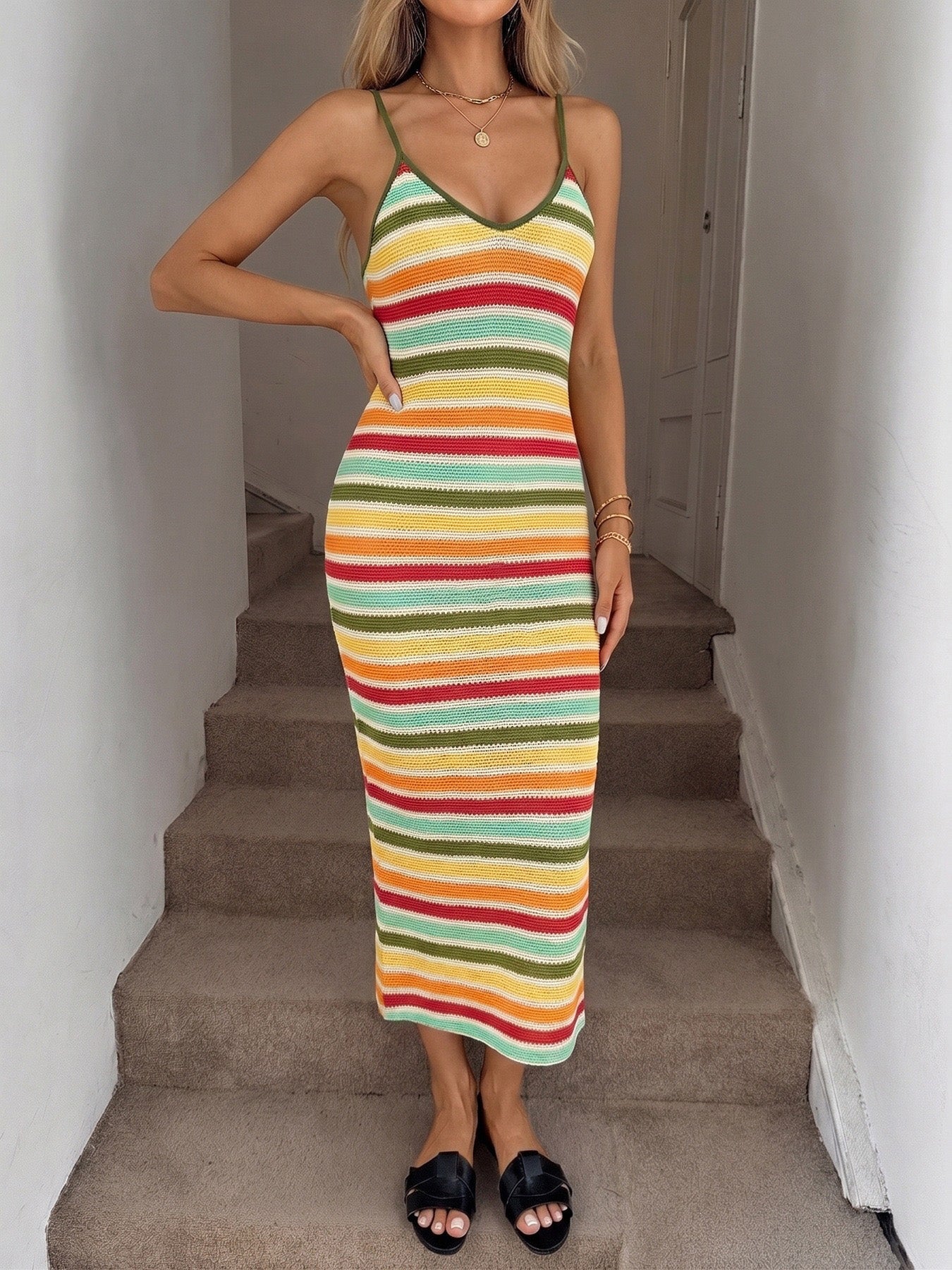Robe Maxi Tricot Rayée Bretelles Croisées Multicolore Années 1970 - Image 3