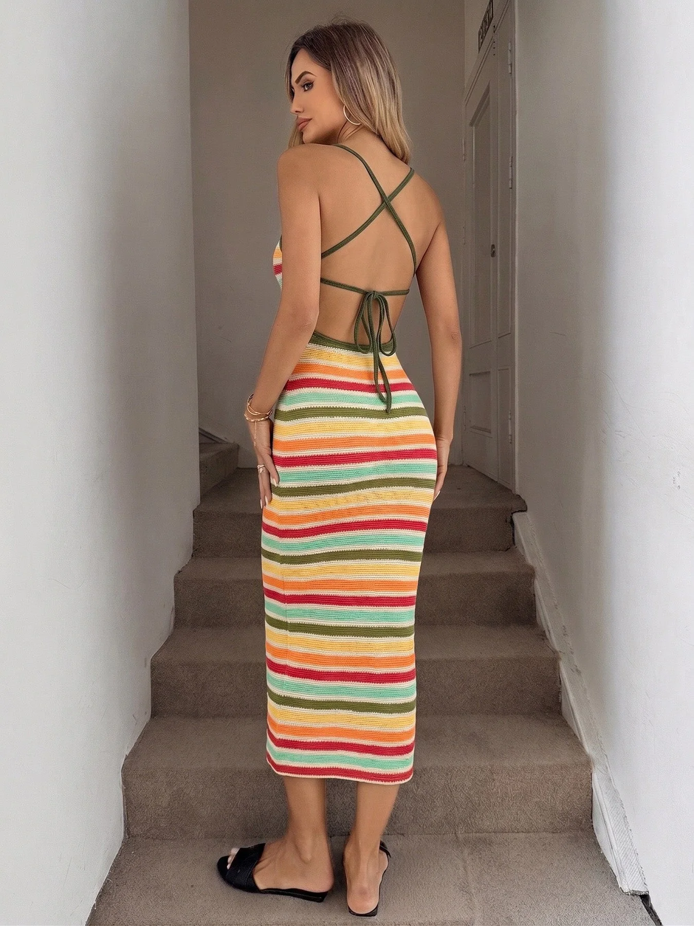 Robe Maxi Tricot Rayée Bretelles Croisées Multicolore Années 1970 - Image 5