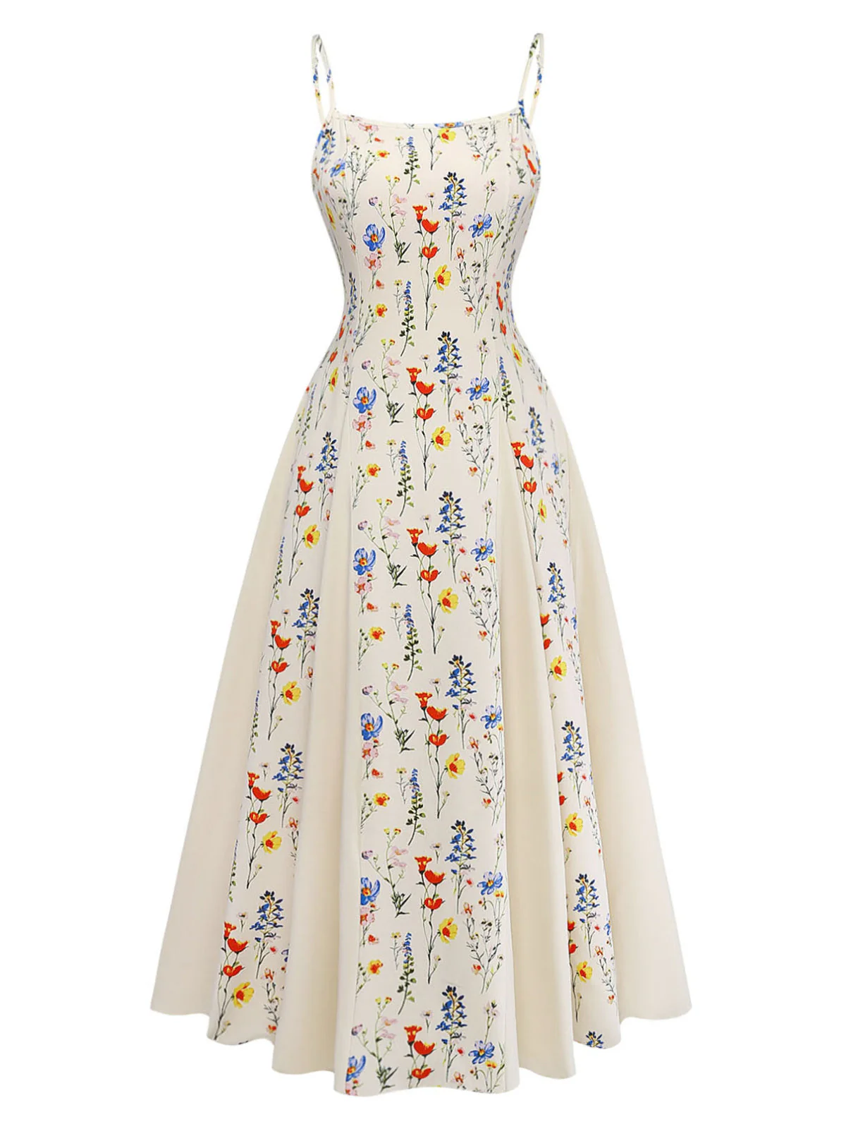 Robe Midi à Bretelles fines Petites Fleurs Beige Années 70 - Image 2
