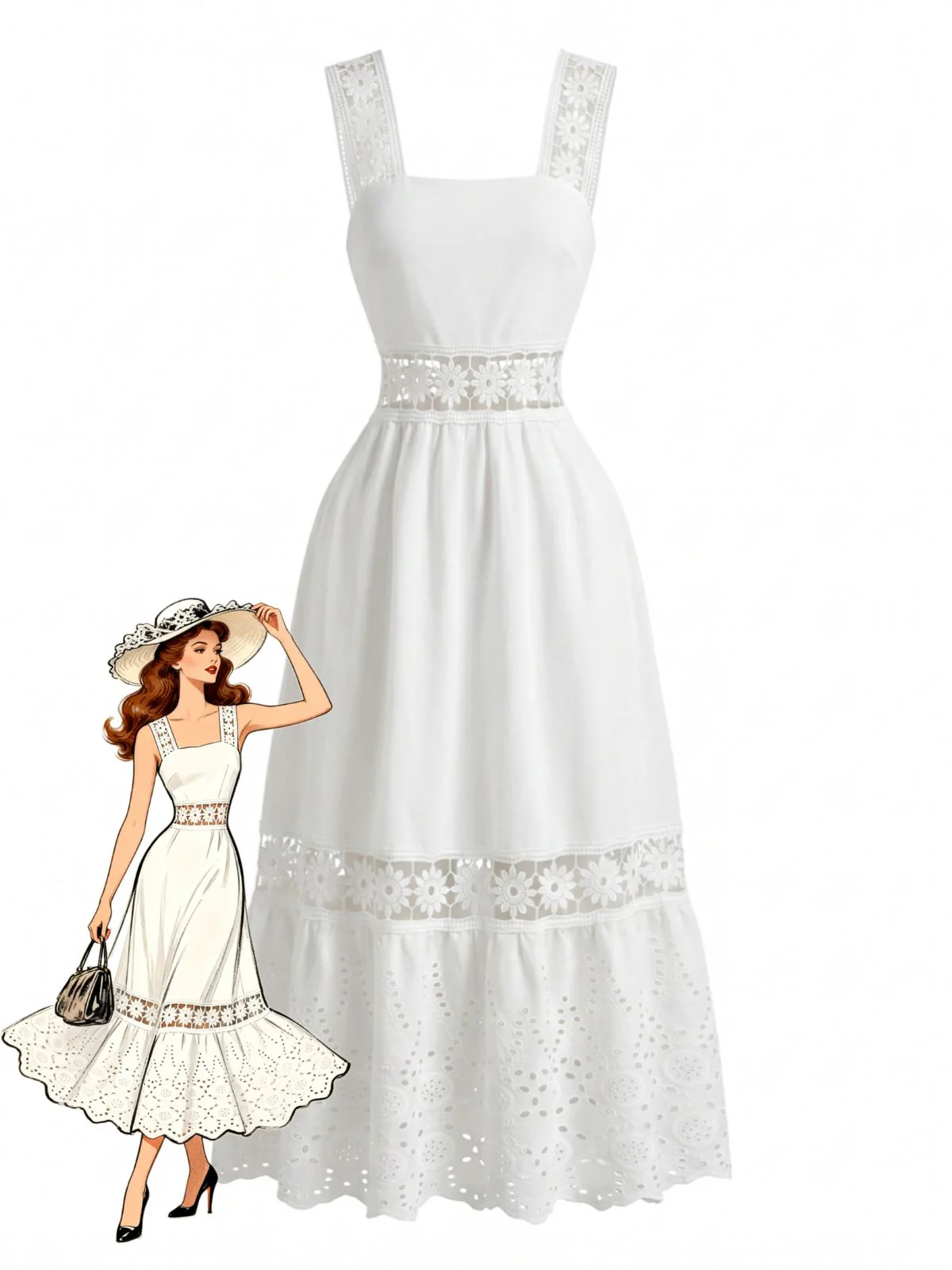 Robe midi blanche bohème broderie anglaise années 70