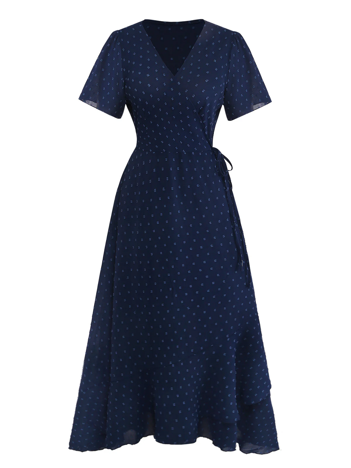 Robe Midi Bleue Marine À Pois Manches Courtes Années 40