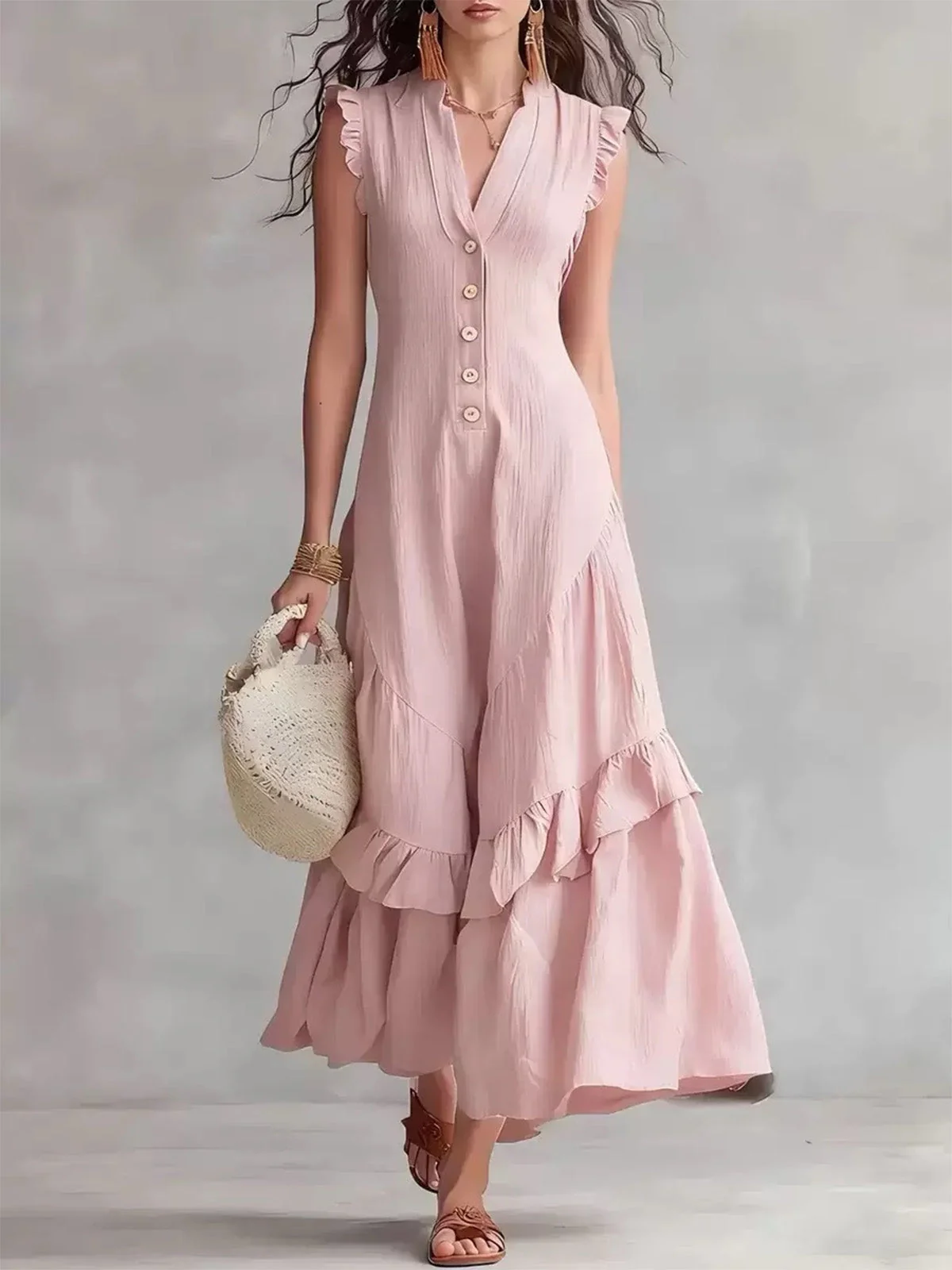 Robe Midi Col Montant Rose Années 1950 - Image 3