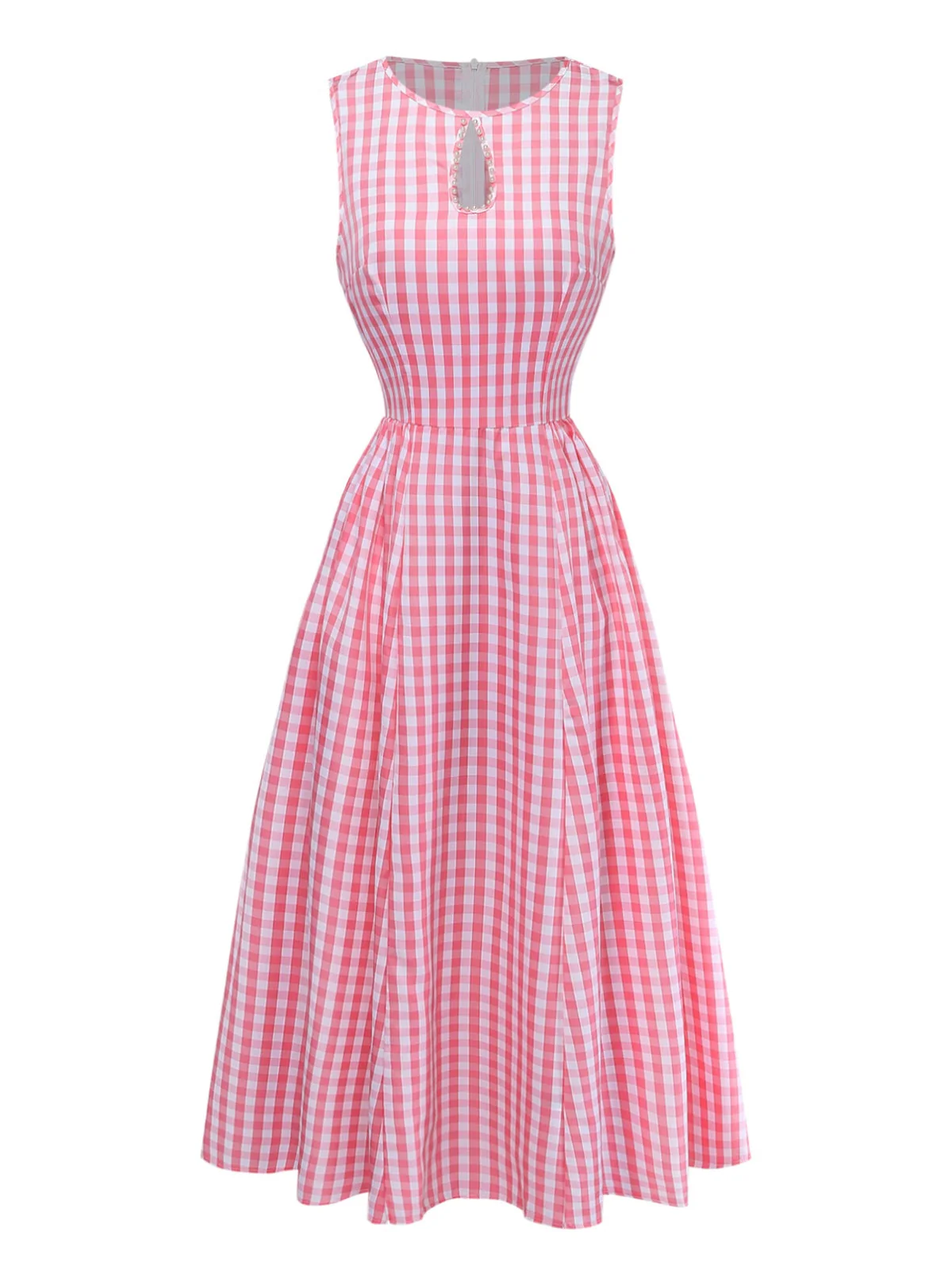 Robe midi évasée rose vichy années 50