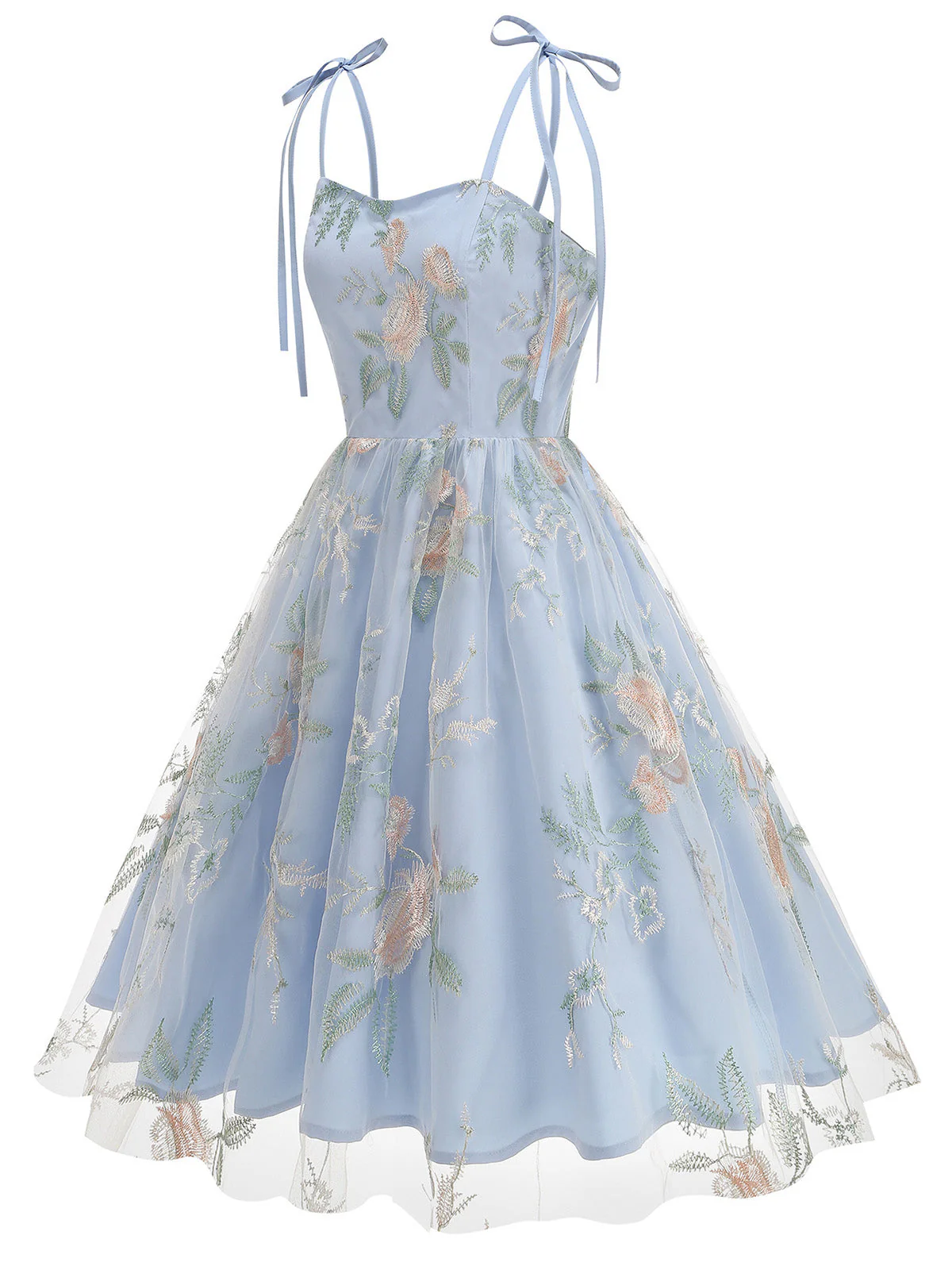 Robe Midi Florale Tulle Bleu Années 1950 - Image 2