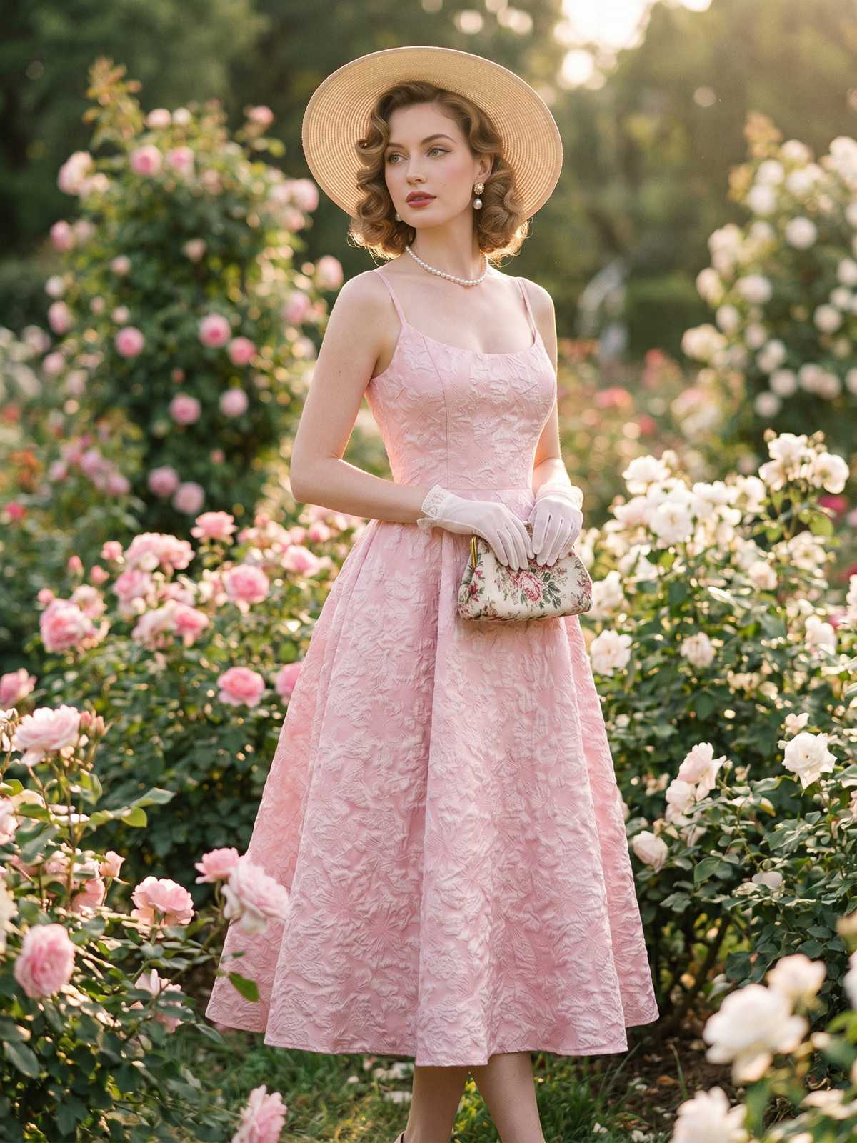 Robe midi rose fines bretelles floral années 1950 - Image 2