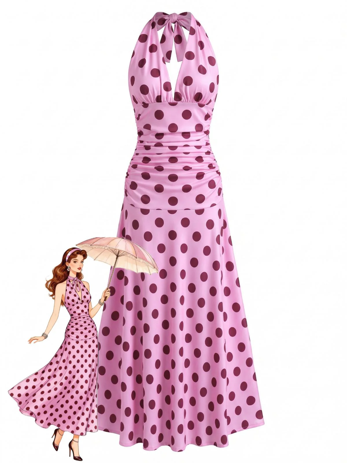 Robe midi rose pêche à pois col V halter années 30