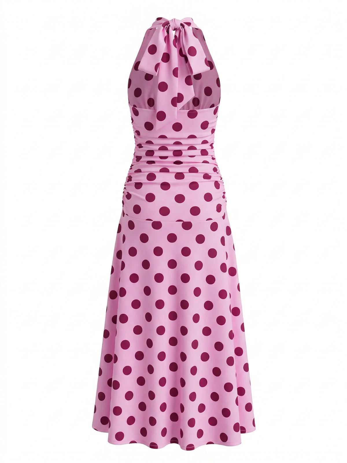 Robe midi rose pêche à pois col V halter années 30 - Image 3