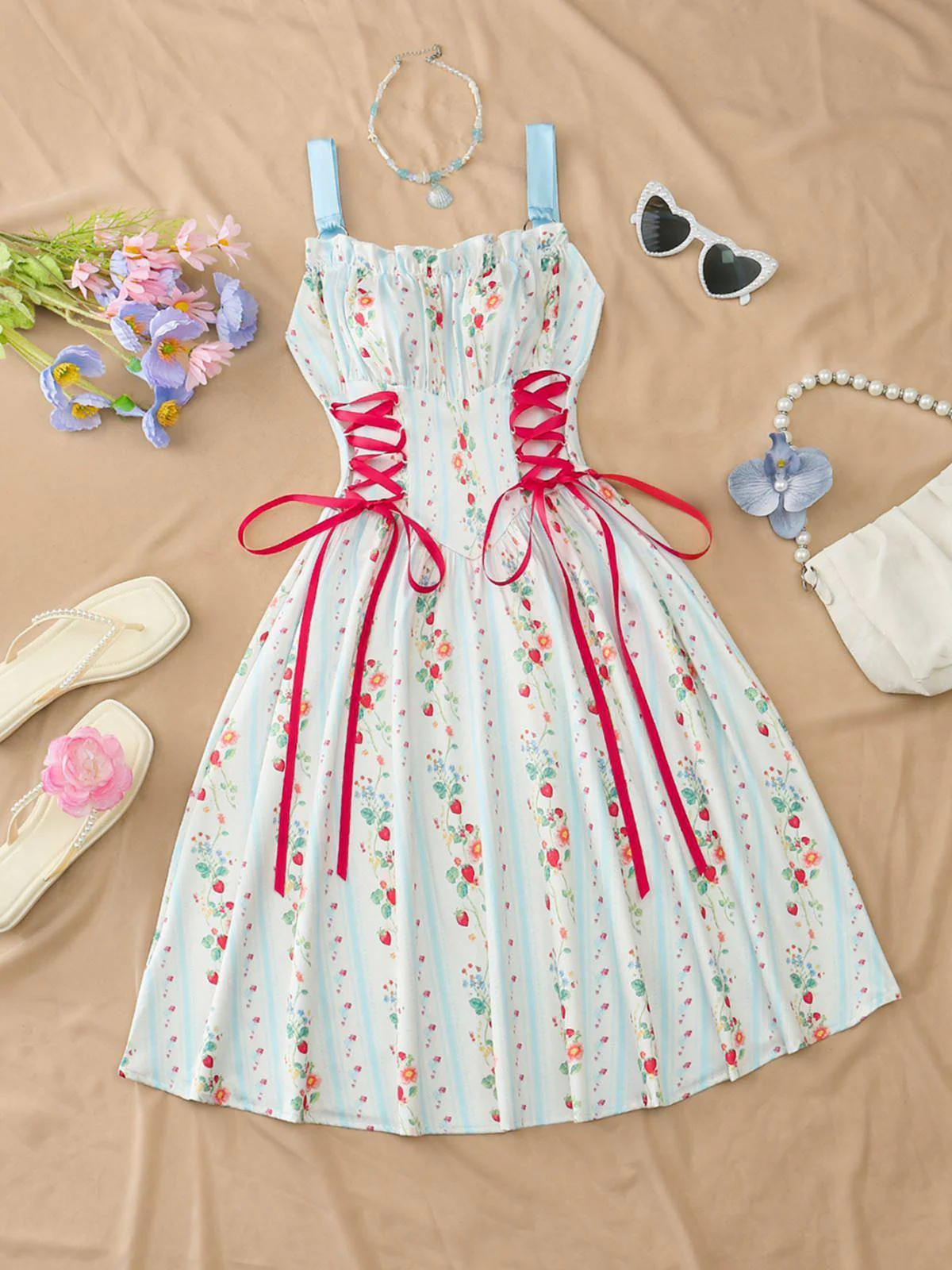 Robe Midi Bretelles Fleur Rose Années 1950 - Image 25