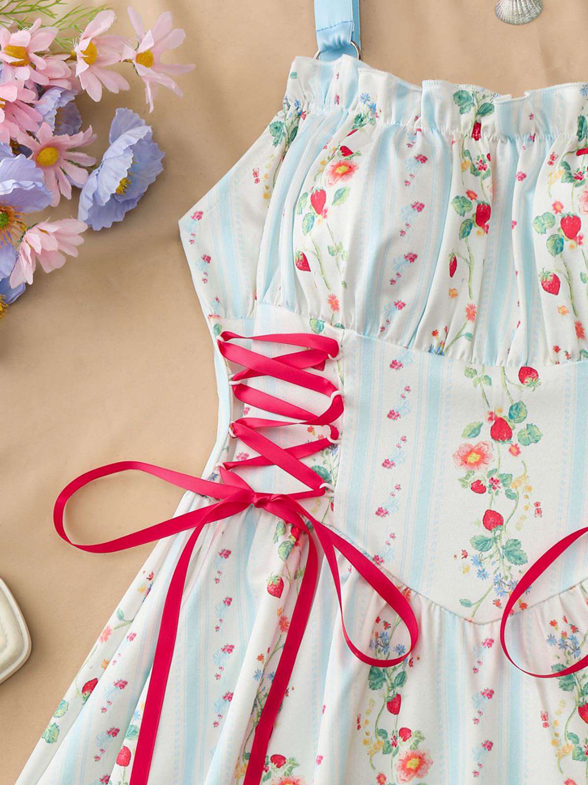 Robe Midi Bretelles Fleur Rose Années 1950 - Image 26