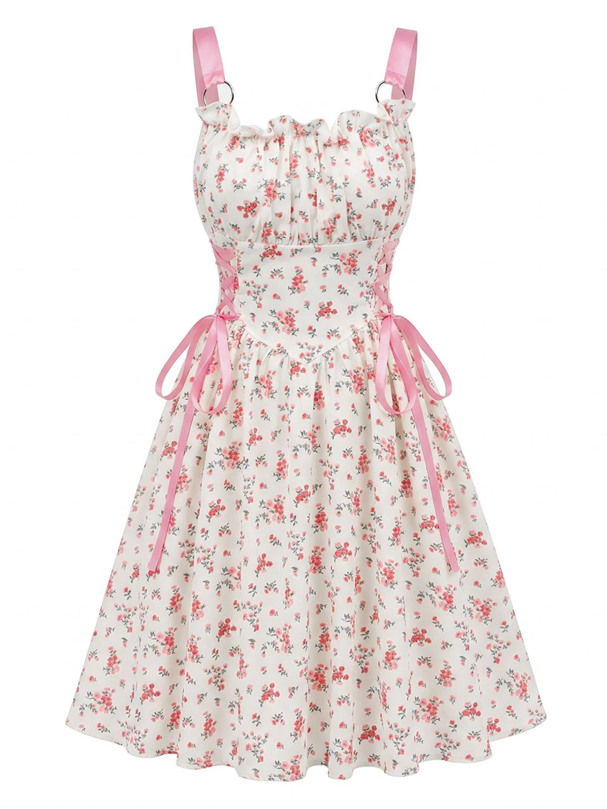 Robe Midi Bretelles Fleur Rose Années 1950