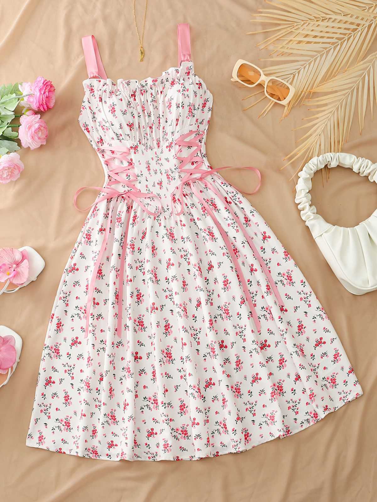 Robe Midi Bretelles Fleur Rose Années 1950 - Image 2