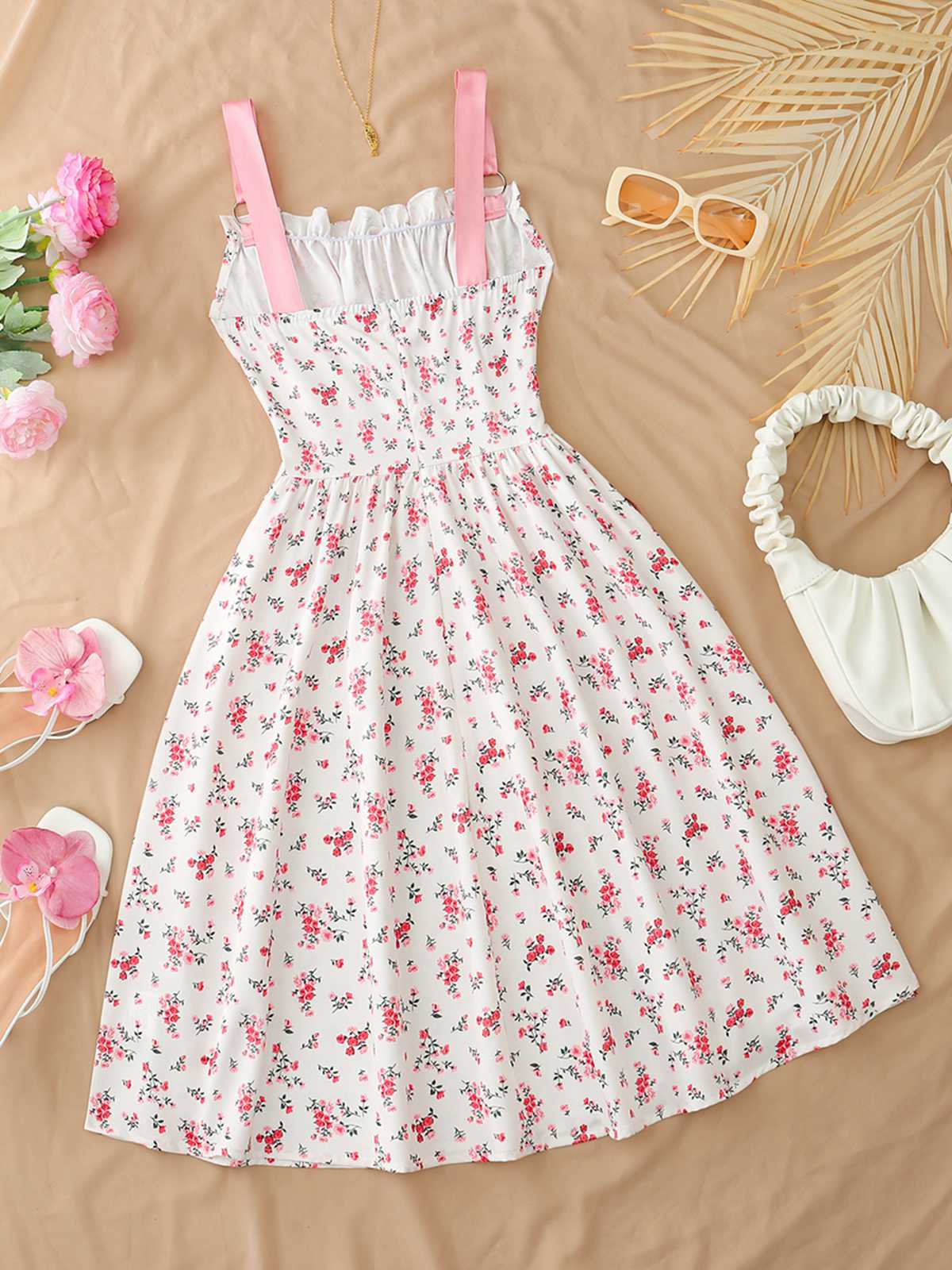 Robe Midi Bretelles Fleur Rose Années 1950 - Image 3