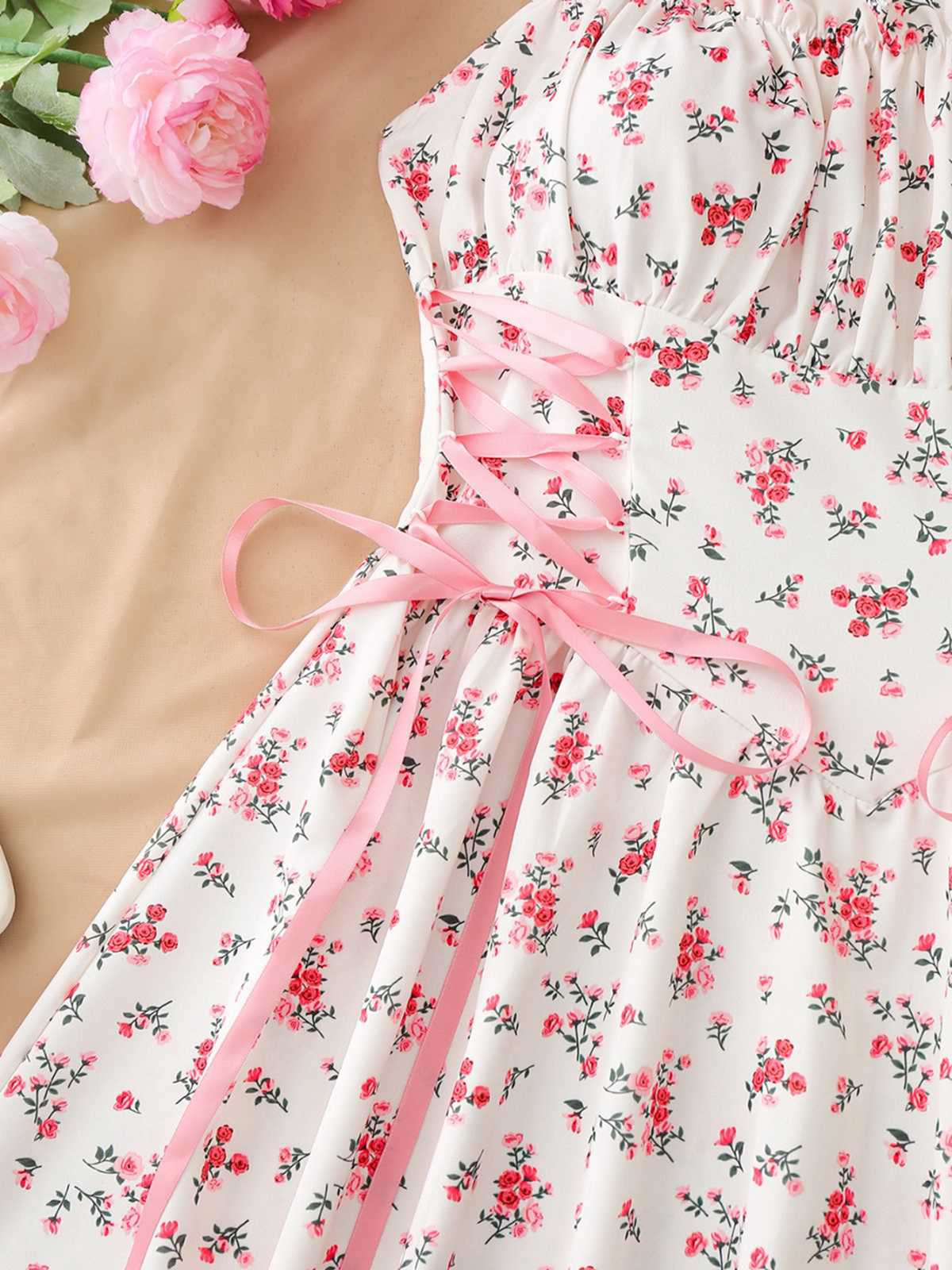 Robe Midi Bretelles Fleur Rose Années 1950 - Image 6