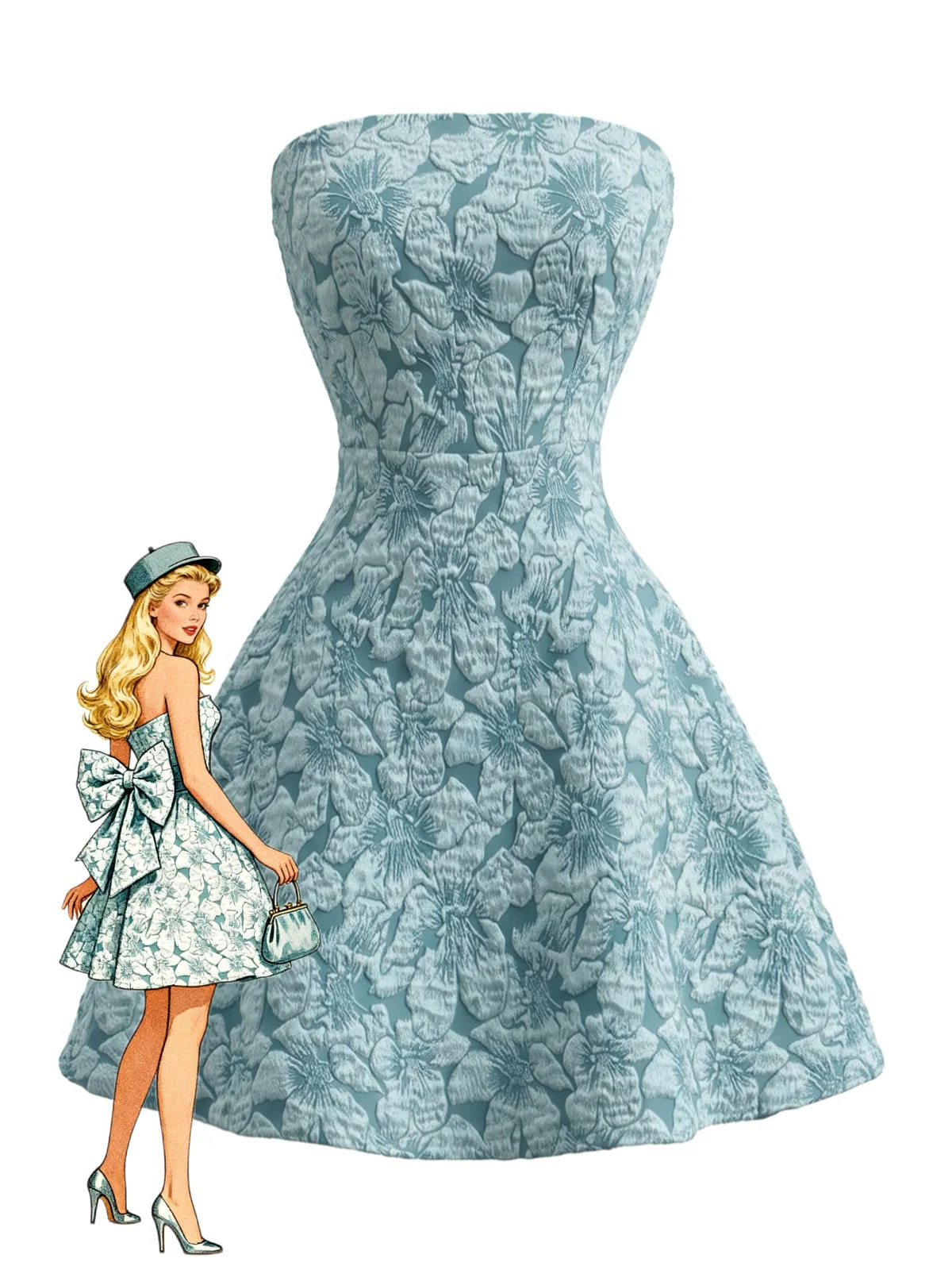 Robe Mini Bleue Sans Bretelles Jacquard Floral Années 60