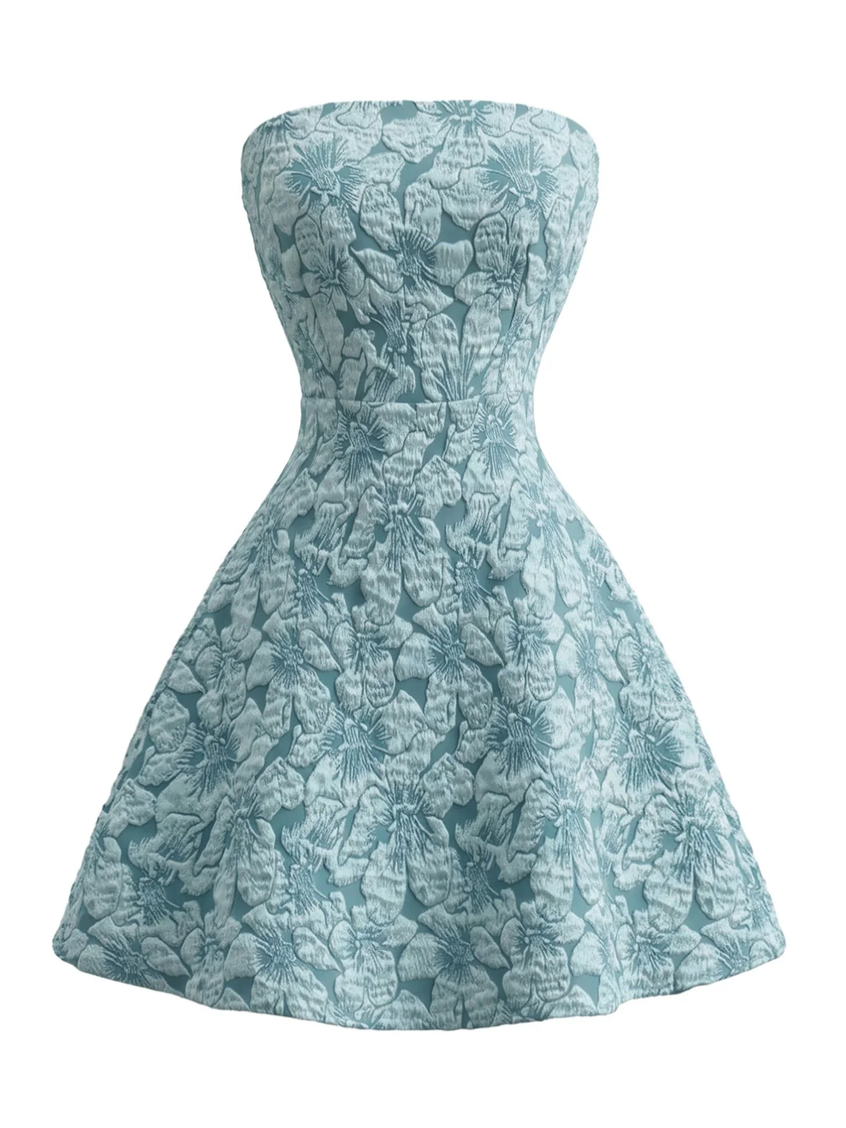 Robe Mini Bleue Sans Bretelles Jacquard Floral Années 60 - Image 2