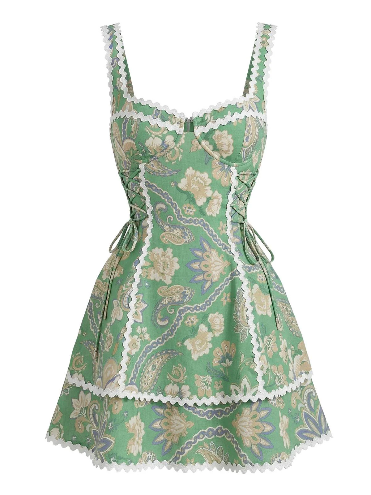 Robe Mini Verte Bohème à Bretelles Paisley Florale Années 1970