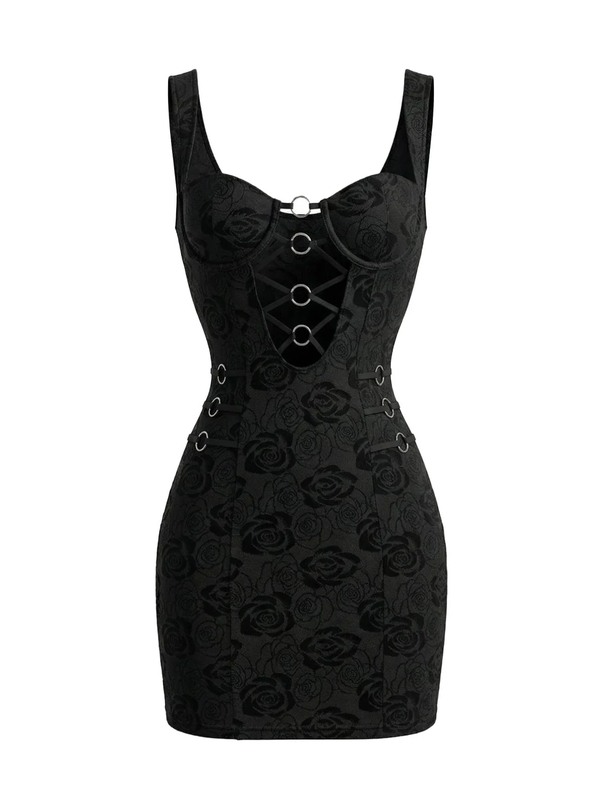 Robe moulante noire anneaux métalliques découpés années 80 - Image 3