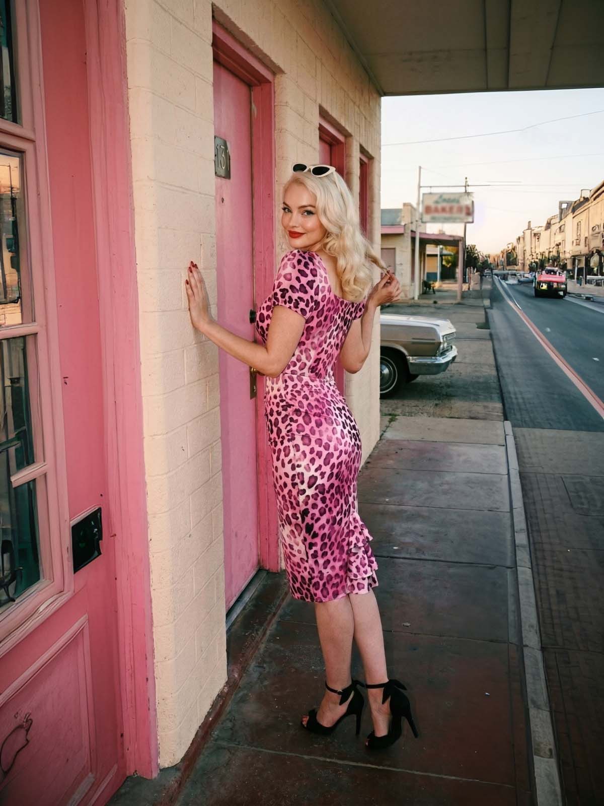 Robe moulante rose décolleté cœur et imprimé léopard années 1960 - Image 3