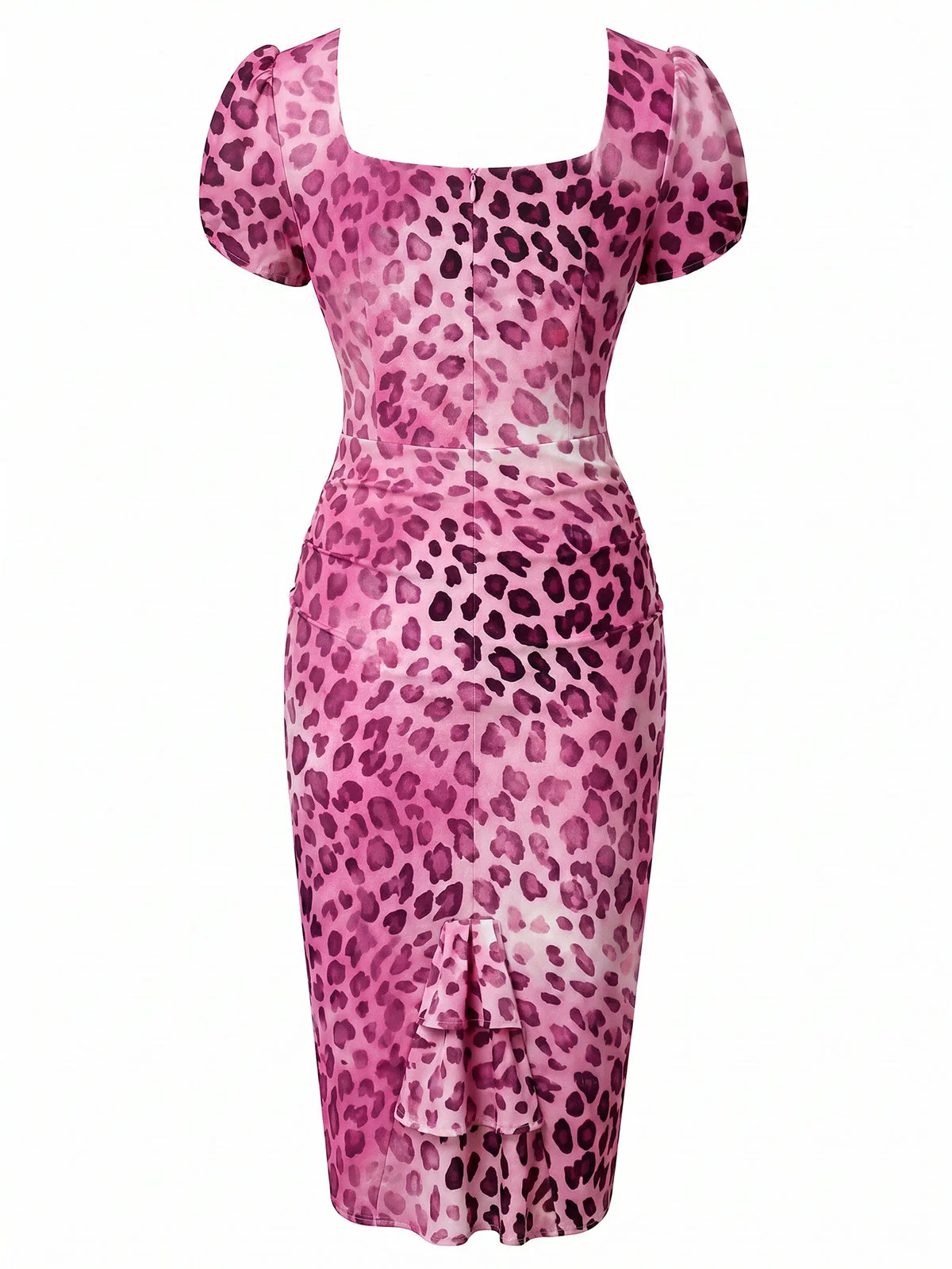 Robe moulante rose décolleté cœur et imprimé léopard années 1960 - Image 5