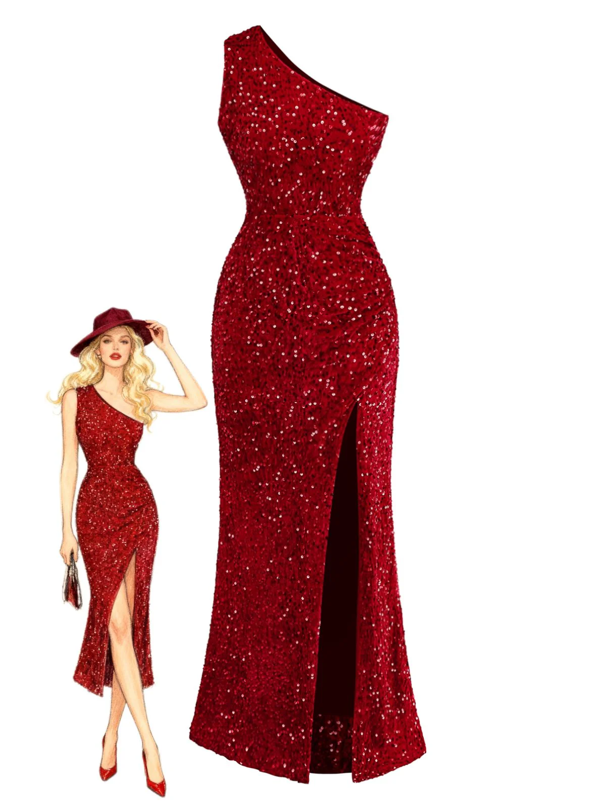 Robe moulante rouge à paillettes une épaule et fente des années 1930