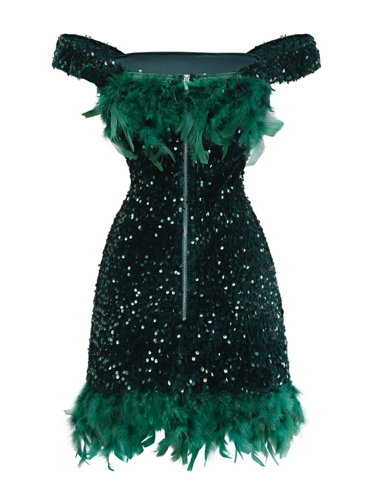 Robe moulante verte à épaules dénudées et plumes pailletées des années 1960 - Image 3