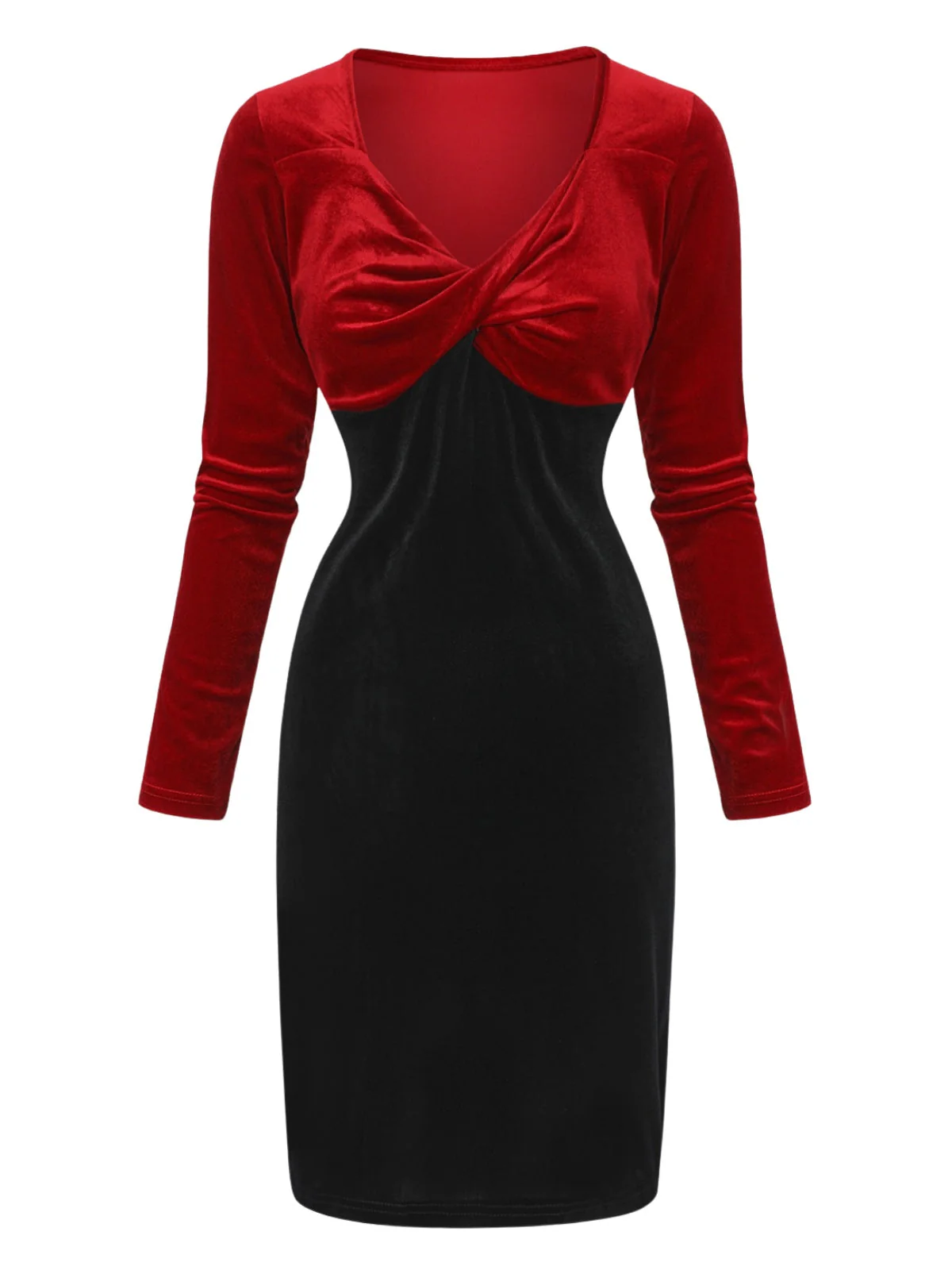Robe moulanteen velours col en V torsadé rouge et noire des années 1960 - Image 2