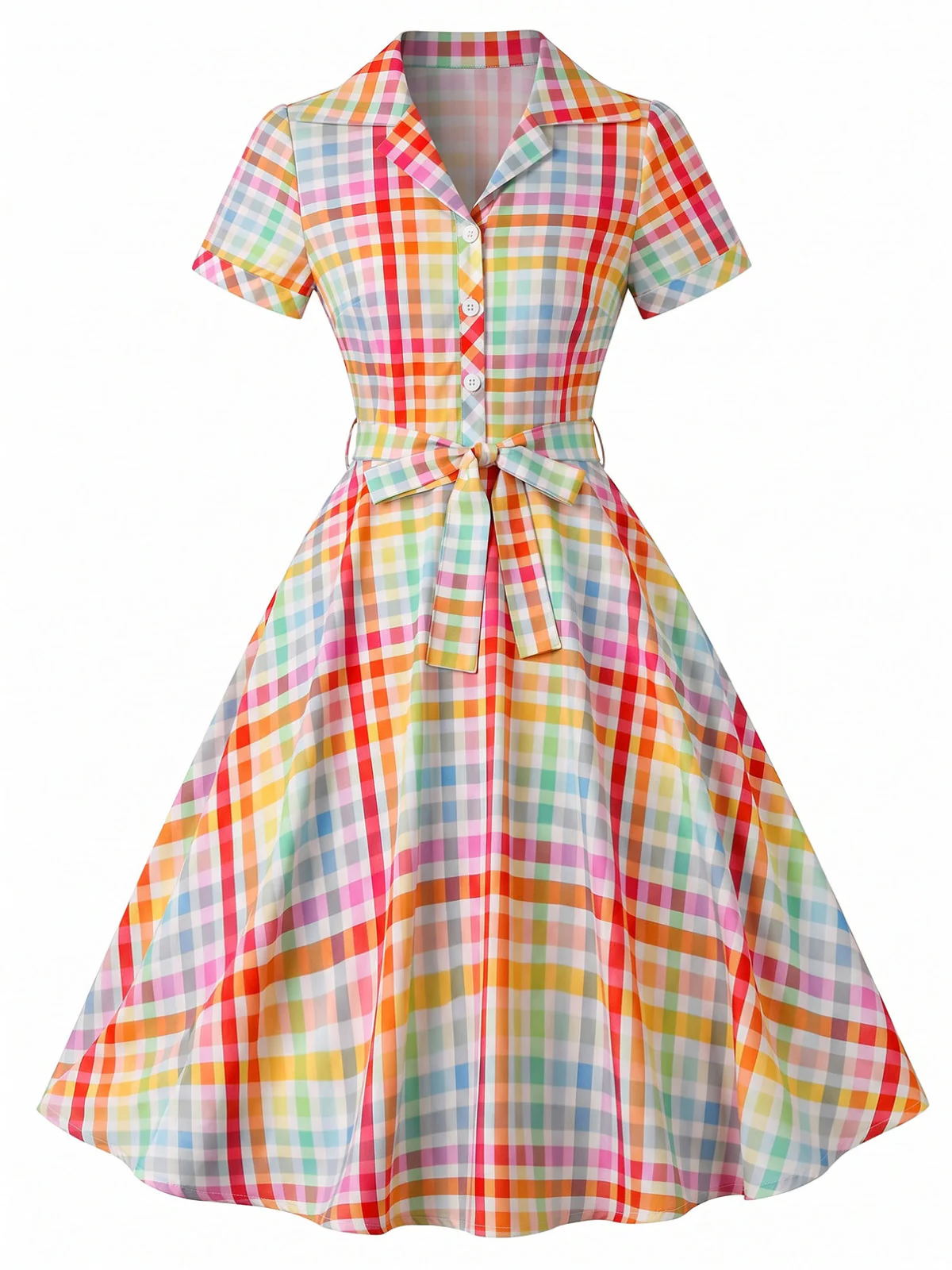 Robe multicolore carreaux revers et manches courtes années 1940