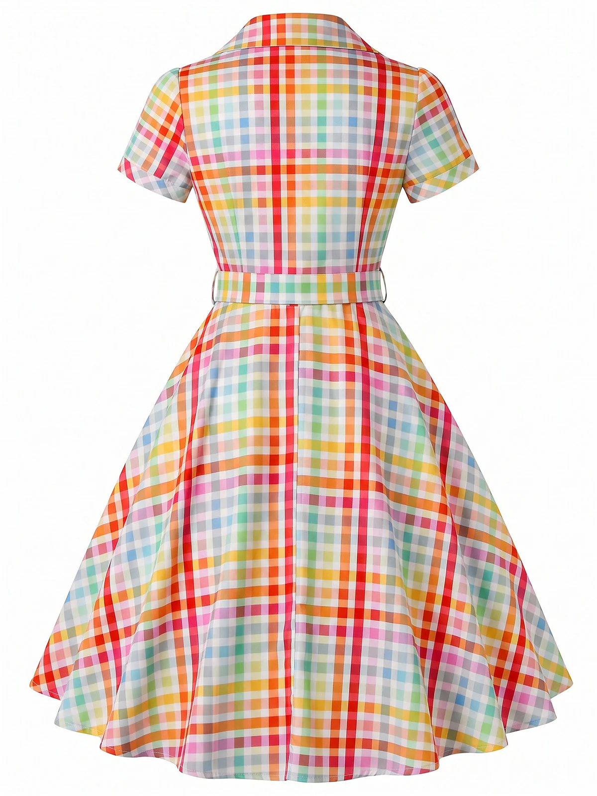 Robe multicolore carreaux revers et manches courtes années 1940 - Image 2