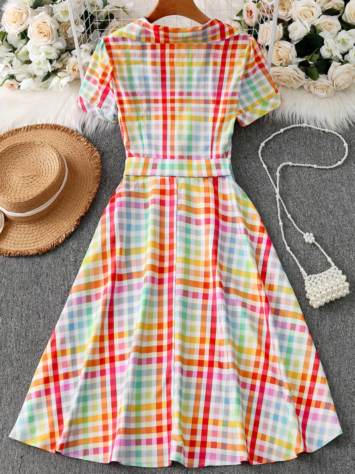 Robe multicolore carreaux revers et manches courtes années 1940 - Image 8