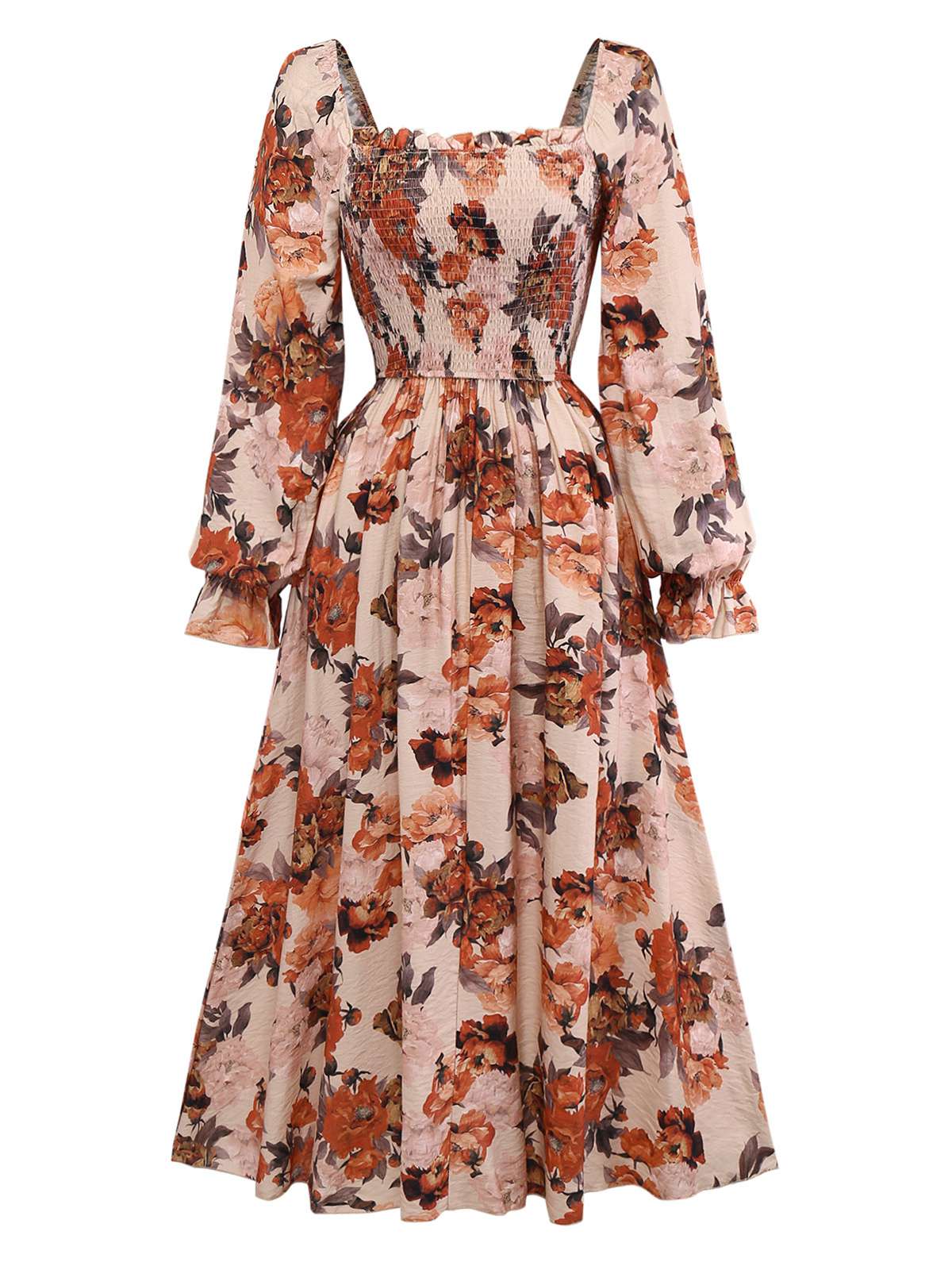 Robe multicolore fleurs manches smockées et cintrées années 1930