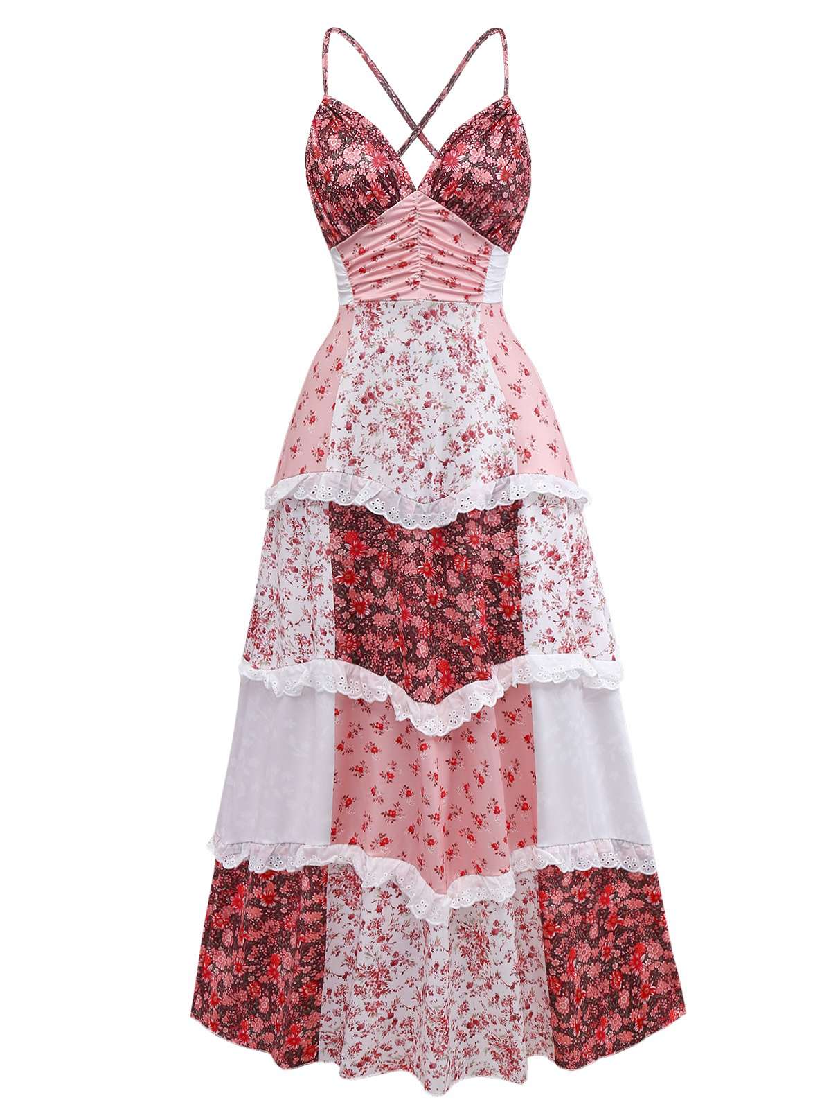 Robe multicolore motif floral quilt et bretelles volants années 1930 - Image 3