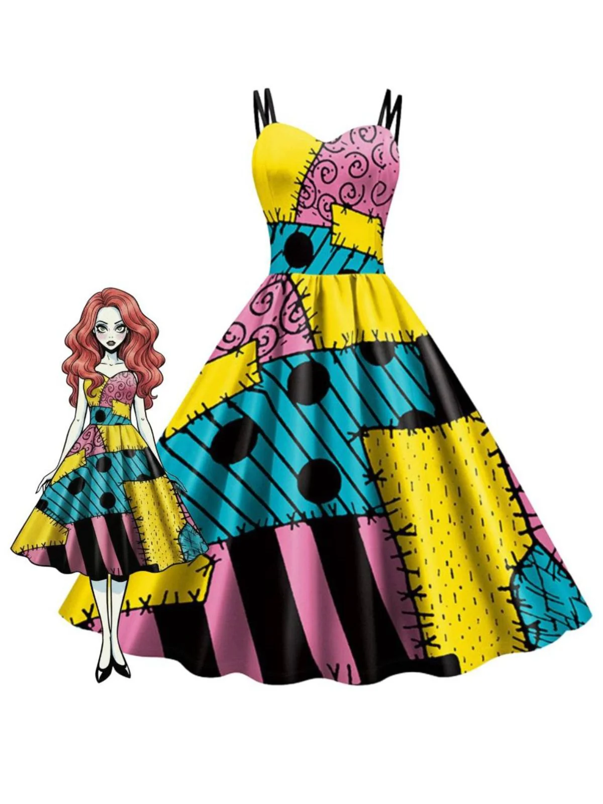 Robe multicolore Sally de L'Étrange Noël de Monsieur Jack des années 1950 - Image 3