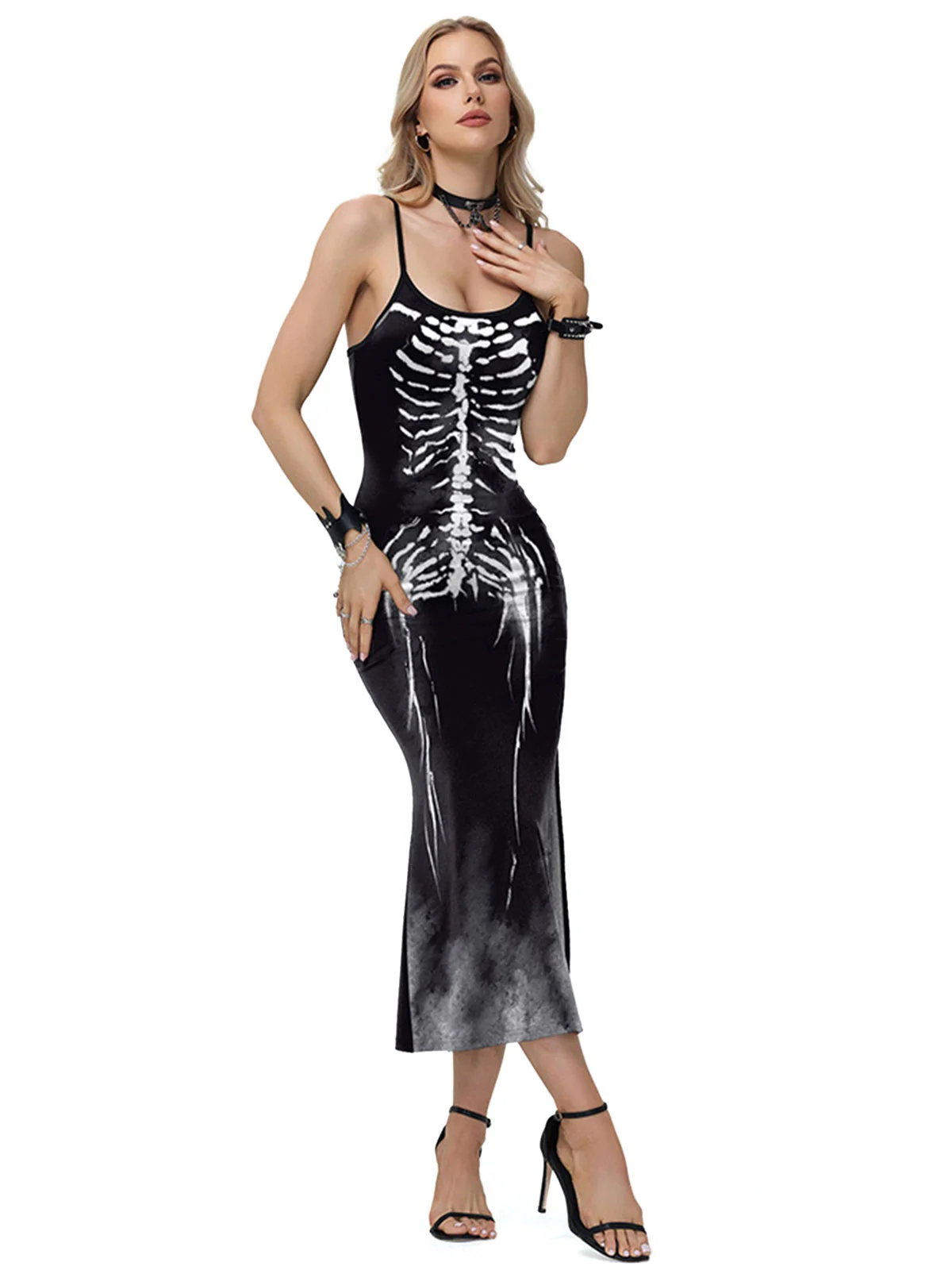 Robe noire à bretelles spaghetti fendues et motif squelette des années 1930 - Image 2