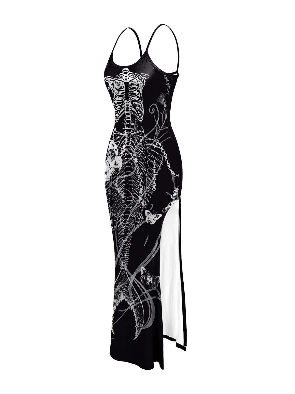 Robe noire à bretelles spaghetti style sirène squelette des années 1930 - Image 5