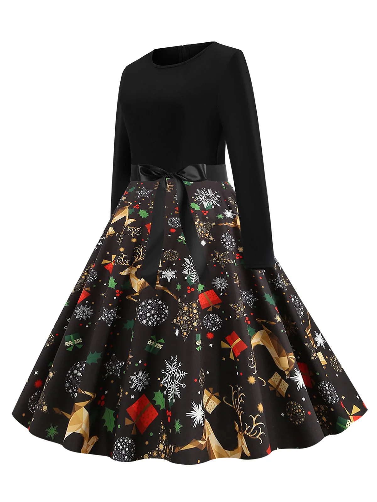 Robe noire à ceinture avec imprimé Noël des années 1950 - Image 2