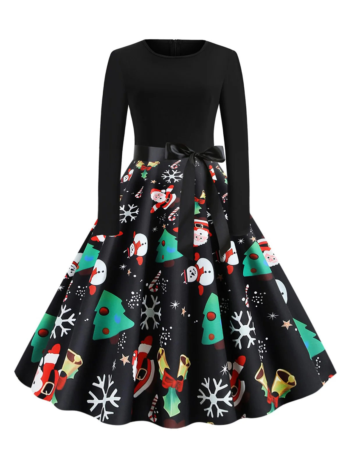 Robe noire à ceinture avec imprimé Noël des années 1950 - Image 5