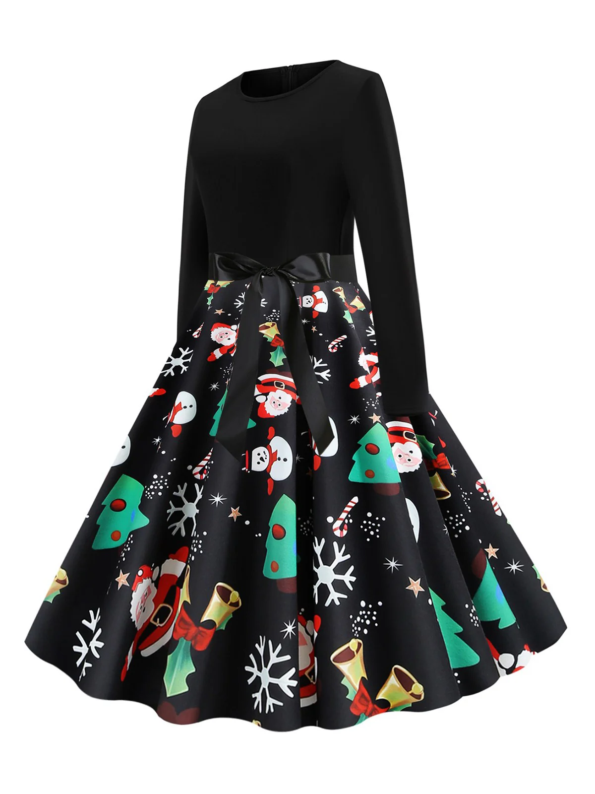 Robe noire à ceinture avec imprimé Noël des années 1950 - Image 6