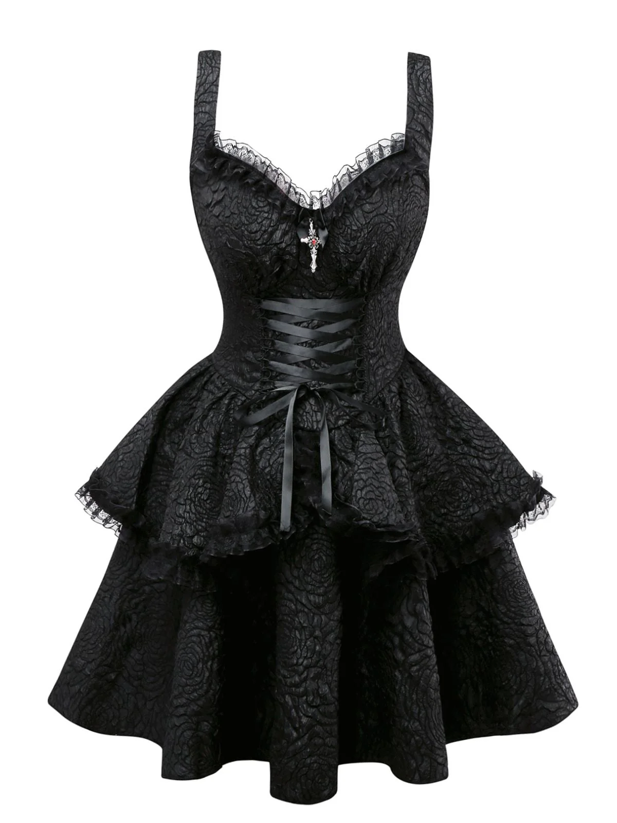 Robe noire à lacets en patchwork de dentelle texturée gothique des années 1980