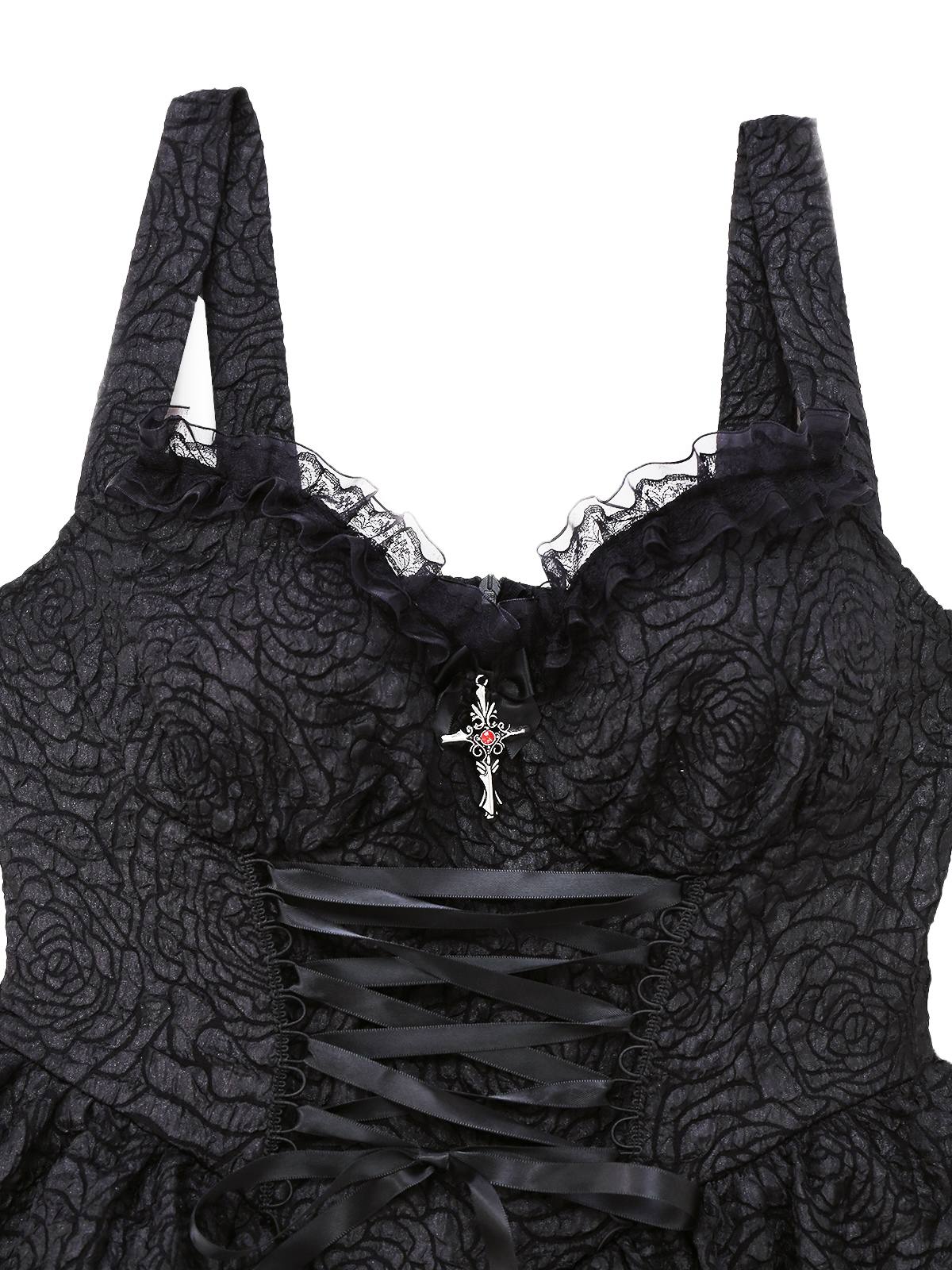 Robe noire à lacets en patchwork de dentelle texturée gothique des années 1980 - Image 3