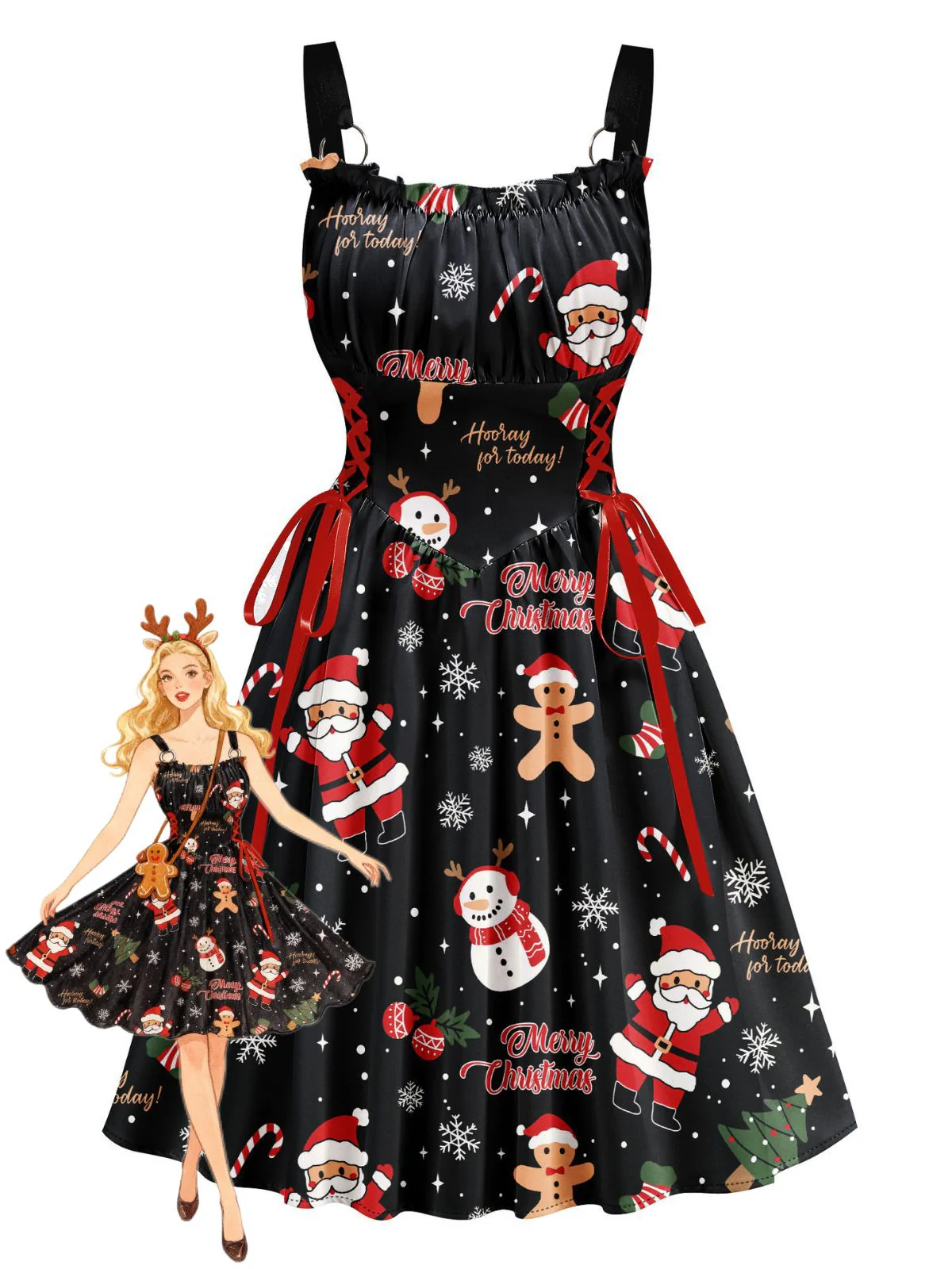 Robe noire à lacets imprimée Noël années 1950