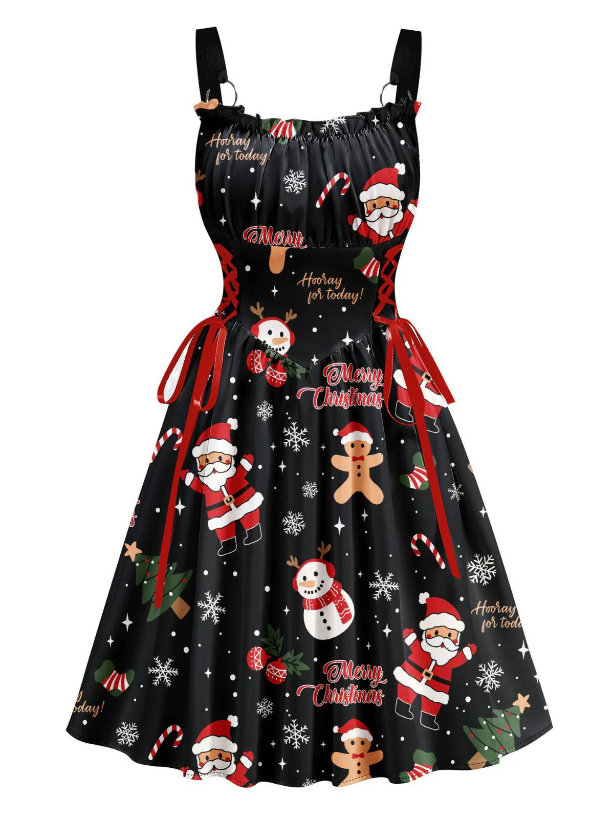 Robe noire à lacets imprimée Noël années 1950 - Image 2