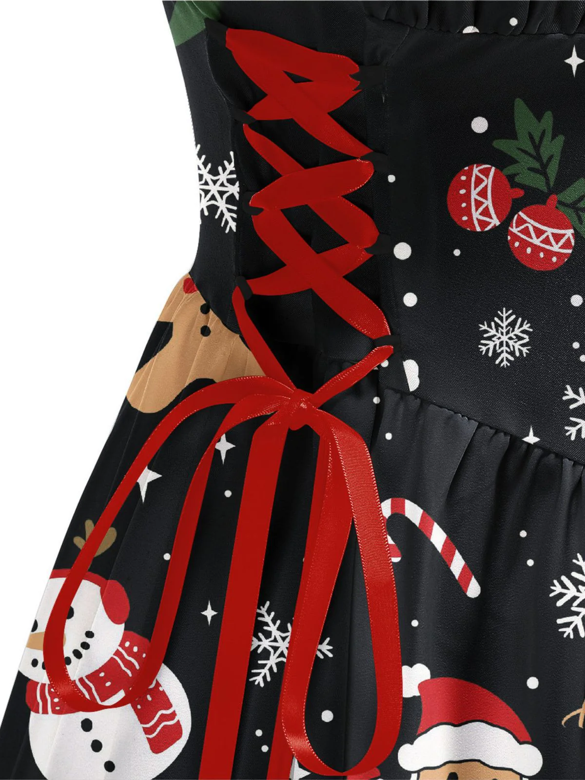 Robe noire à lacets imprimée Noël années 1950 - Image 5