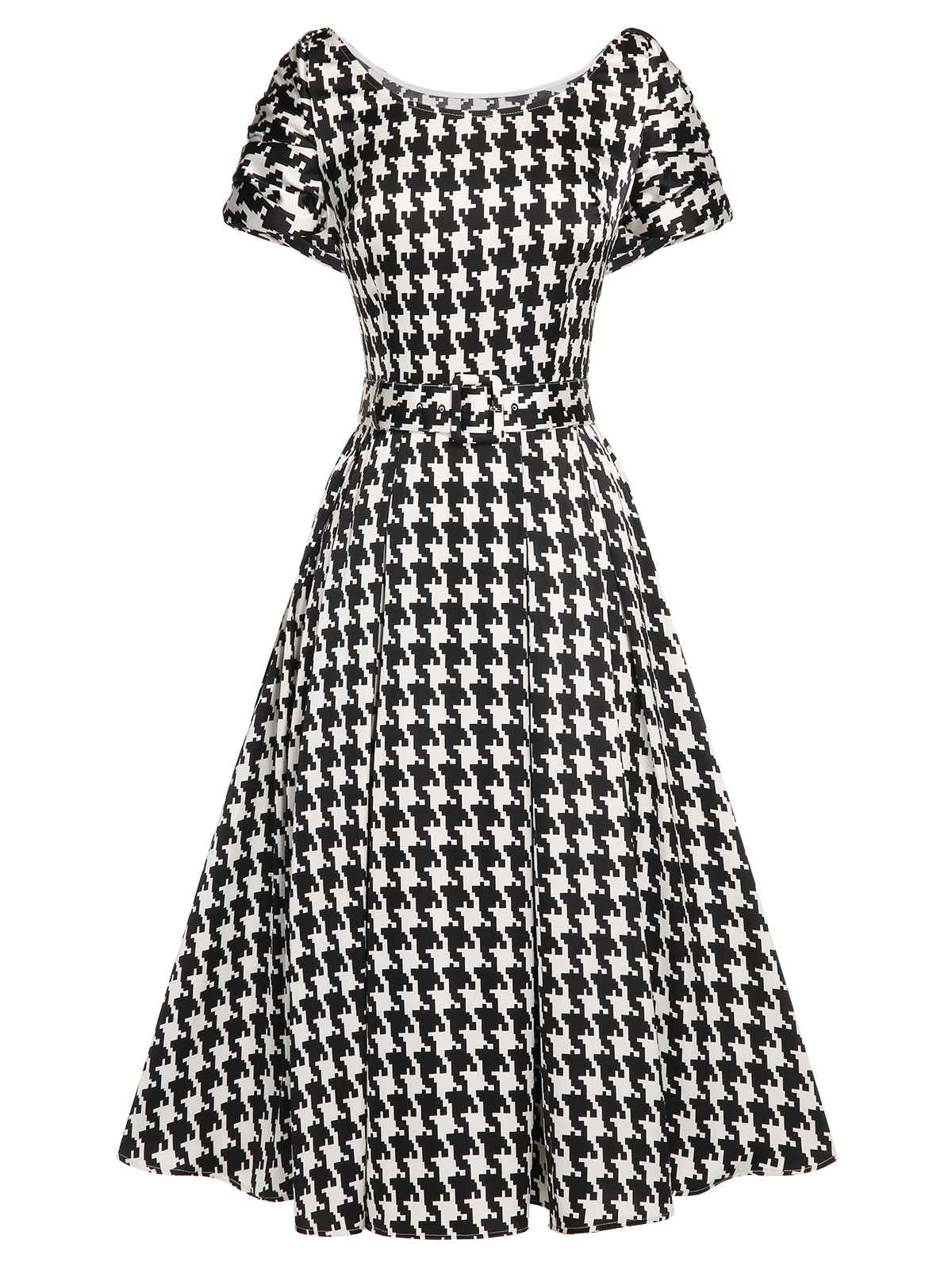 Robe noire ceinturée à manches courtes et pied-de-poule des années 1950 - Image 2