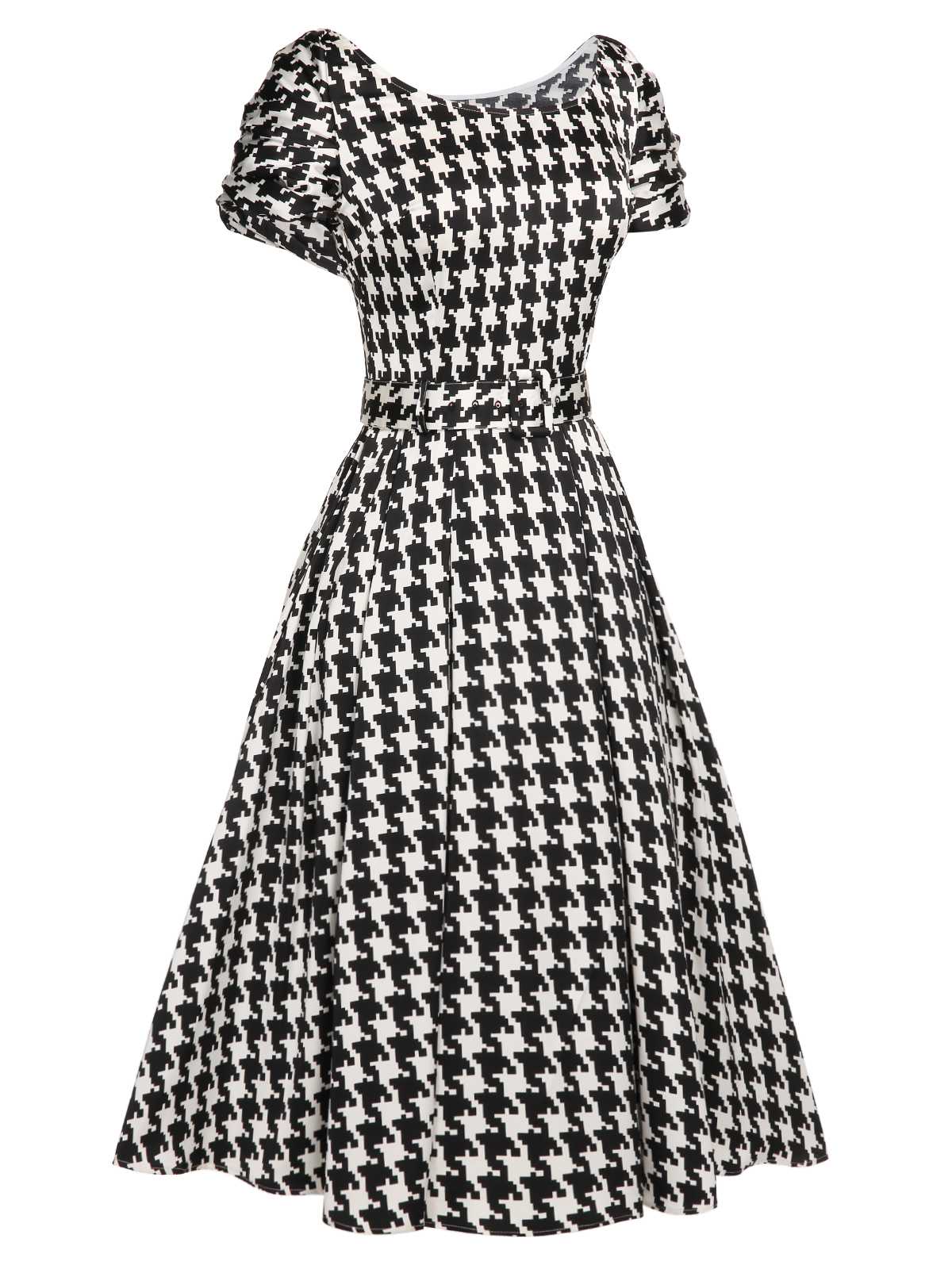 Robe noire ceinturée à manches courtes et pied-de-poule des années 1950 - Image 3