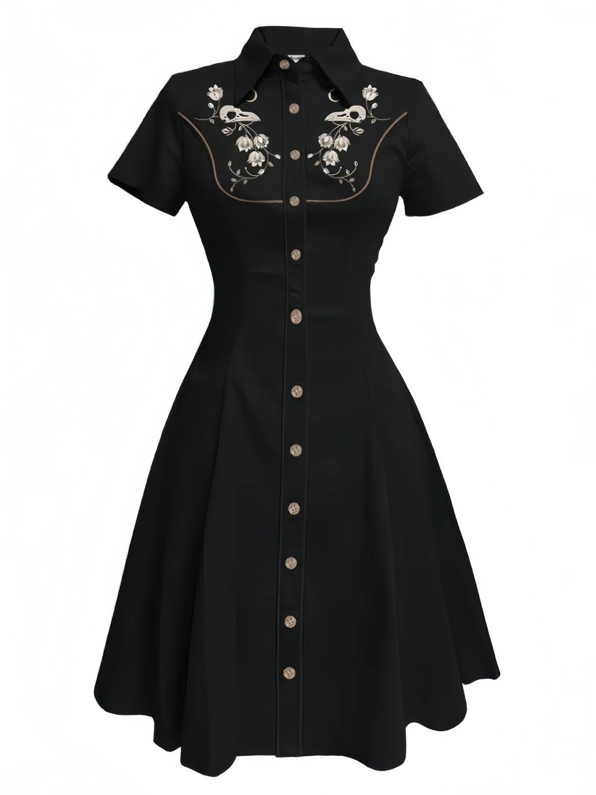Robe noire coton brodée de fleurs western années 1940 - Image 3